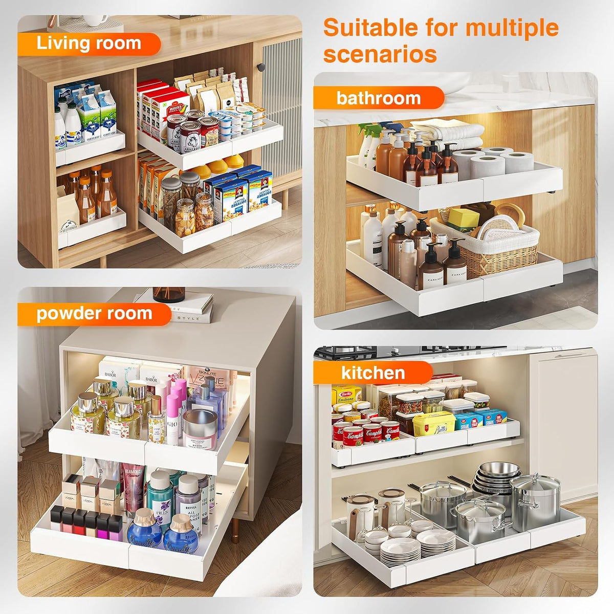 2 Pack Expandable Pull Out Cabinet Organizer,16.54" Deep,White