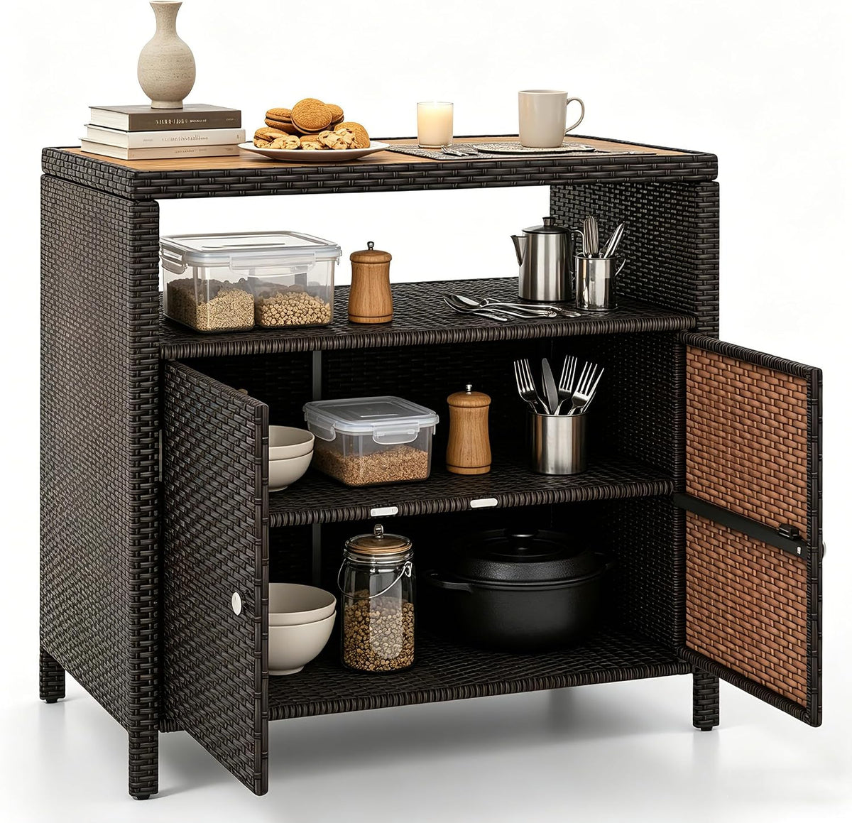 RELAX4LIFE Wicker Outdoor Bar Cabinet - PE Rattan Patio Bar Table w/Acacia Wo...