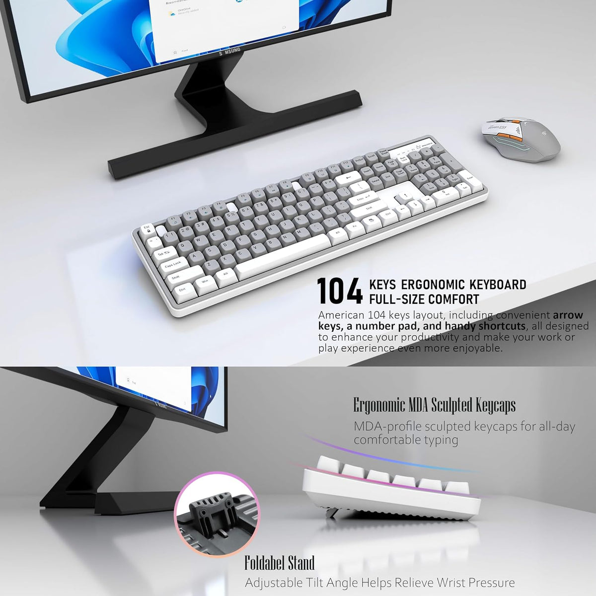 Rechargeable Wireless Keyboard and Mouse Combo, Full-Size - Gray-White