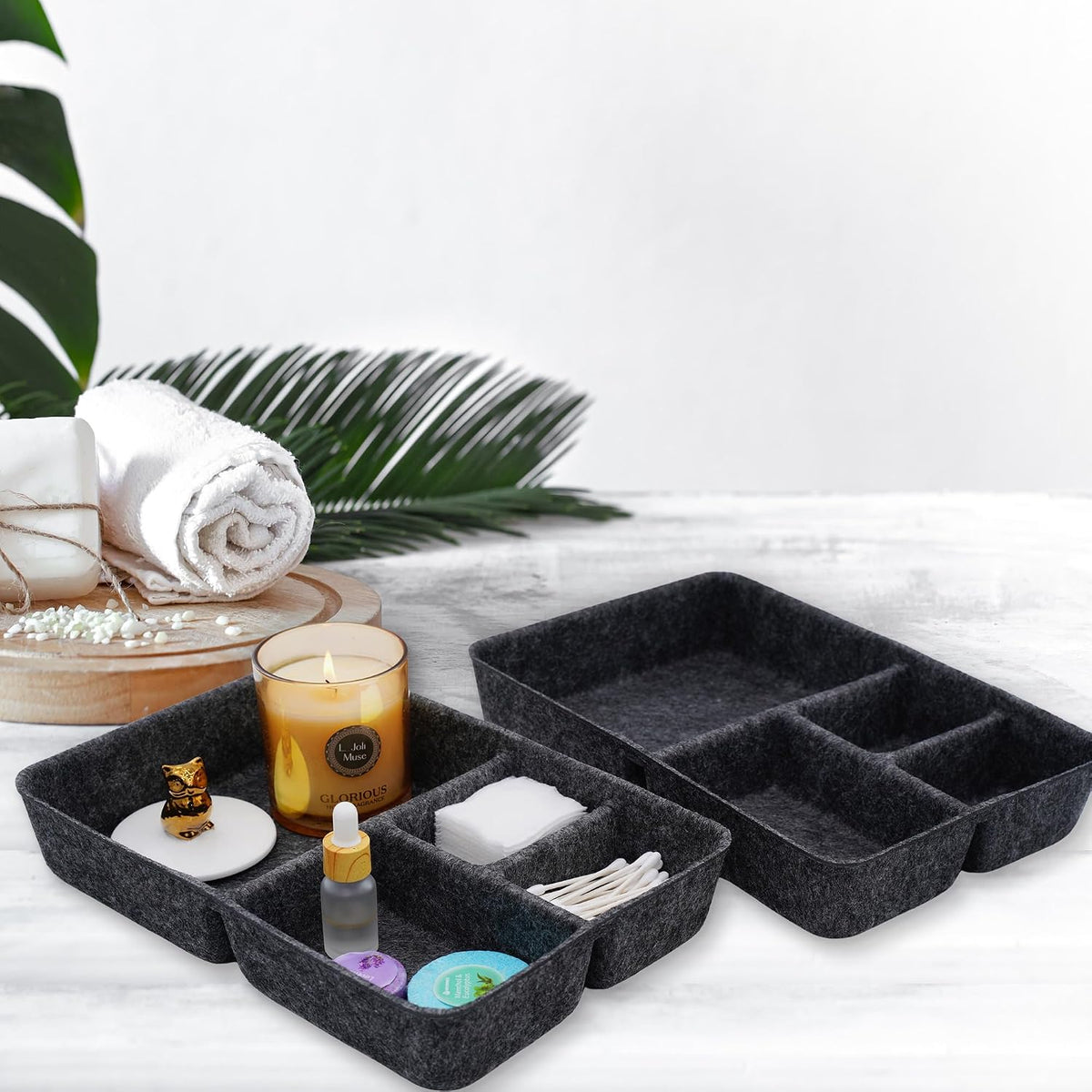 Welaxy 2pc Felt Tray Charcoal Drawer Organizer bin 4 Compartments divider