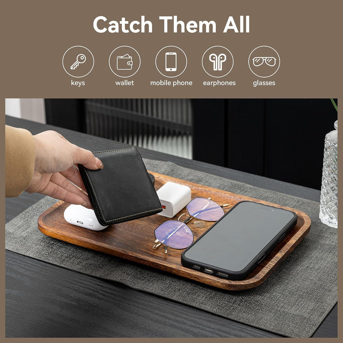 5PCS Serving Acacia Wood Valet Tray for Men Women, Catch All Acacia Mens Key ...
