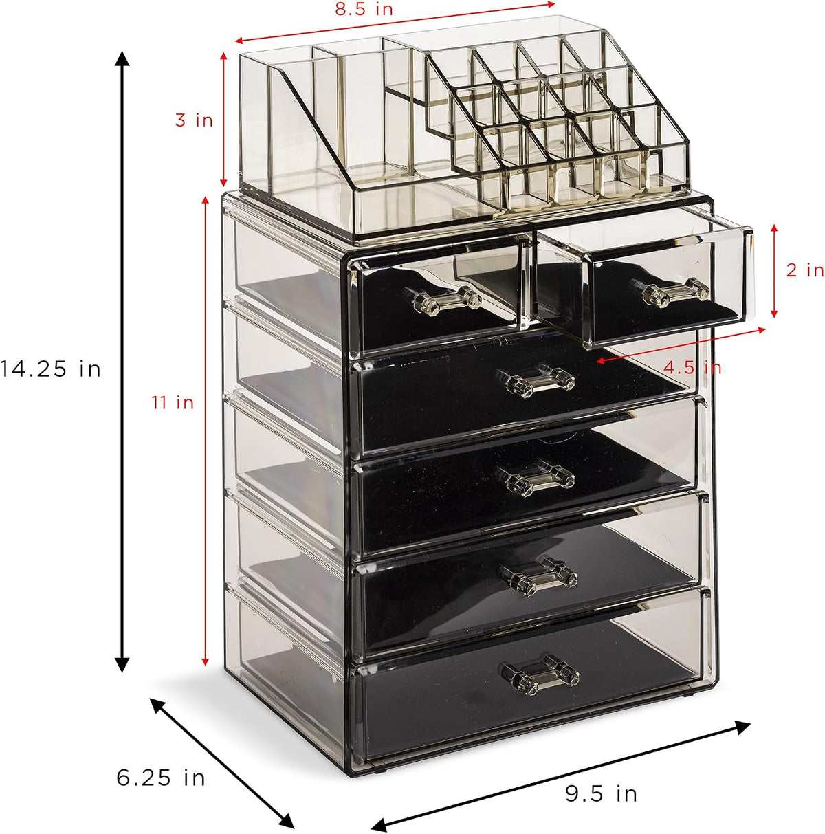 Sorbus Makeup Organizer, 6-Drawer Acrylic 2-Piece Set (Black Jewel)