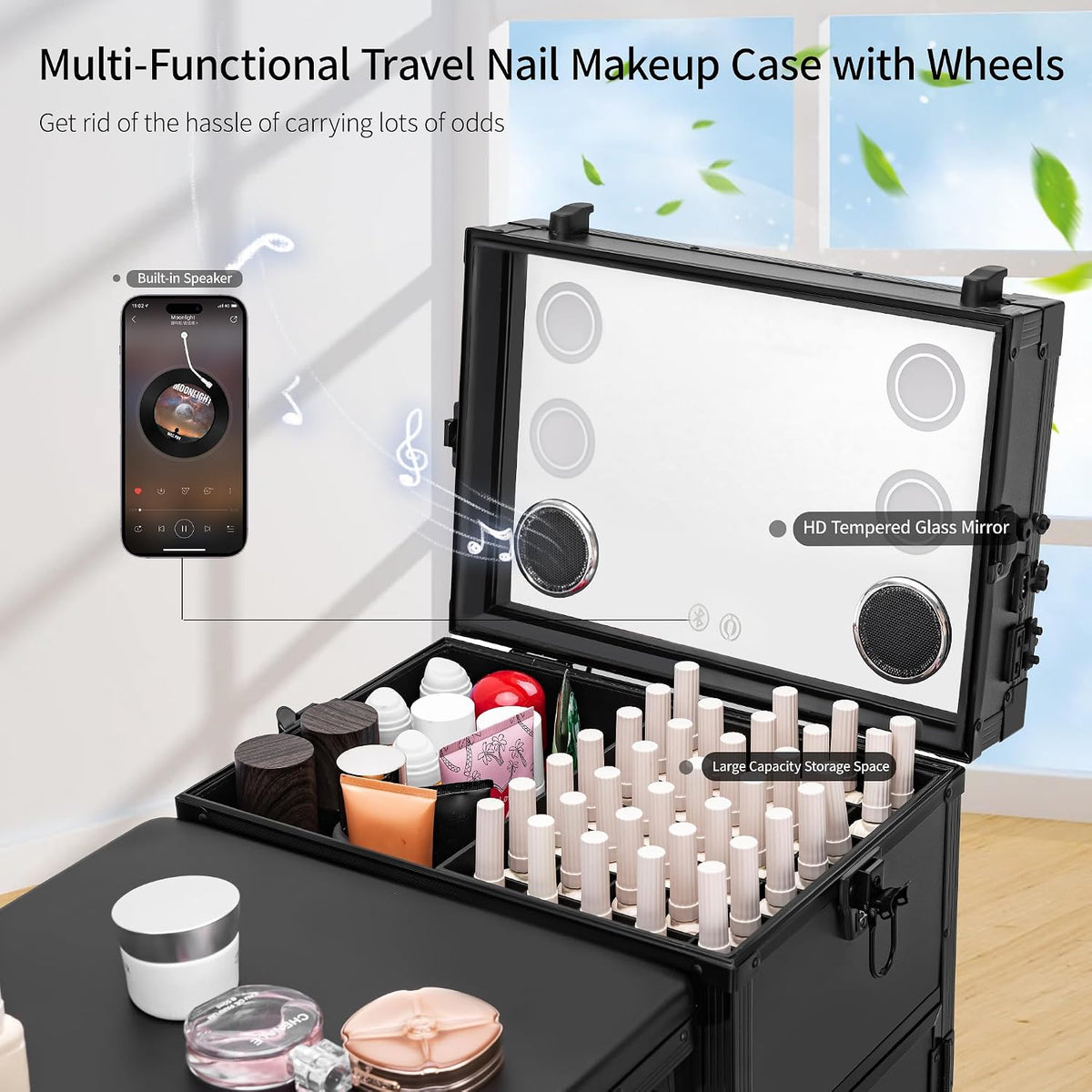 Portable Manicure Table 3 Drawers, Rolling Lockable Makeup Train Case with Bl...