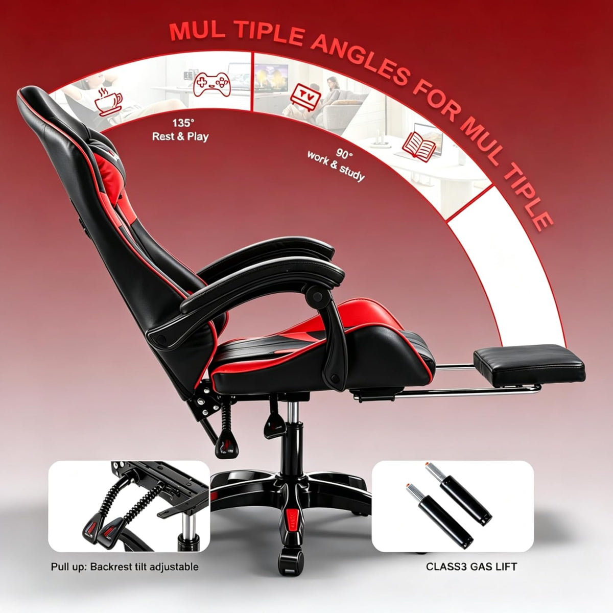 Small Gaming Chair, Home Office Desk Seat with Lumbar Support & Footrest