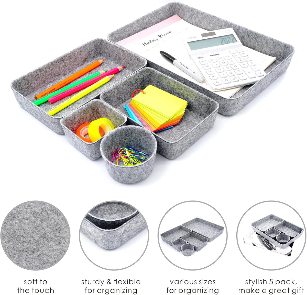 WELAXY Office Desk Drawer Organizer Trays Felt Storage Bins Paper Letter Tray...