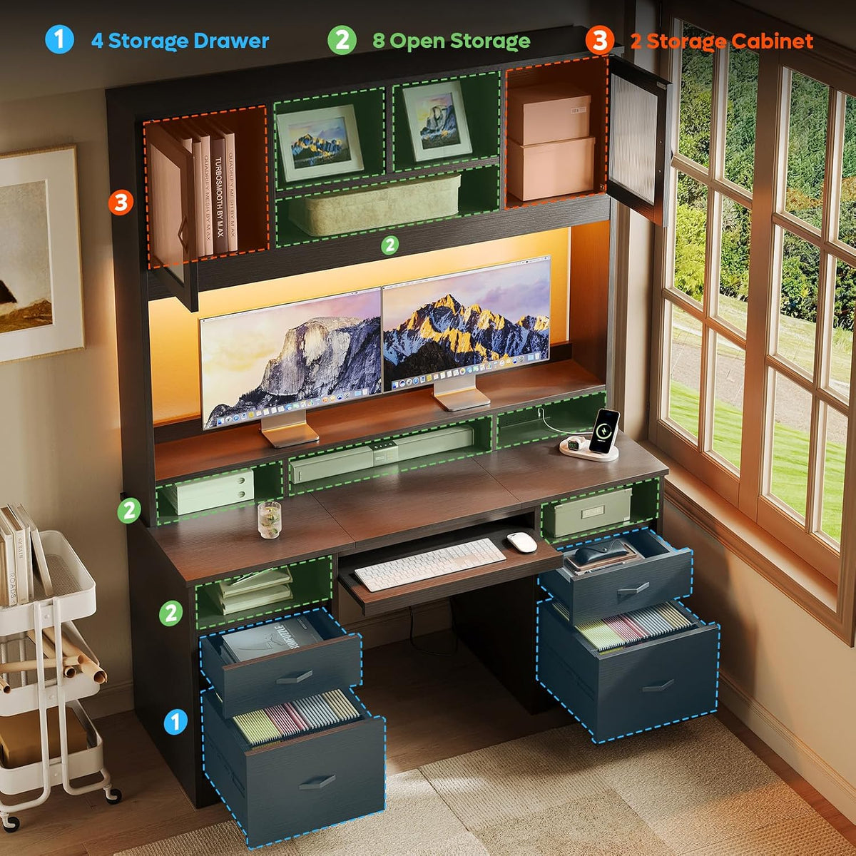 Bestier 77.8" H Computer Desk with Hutch, Charging Station, LED Light,Black