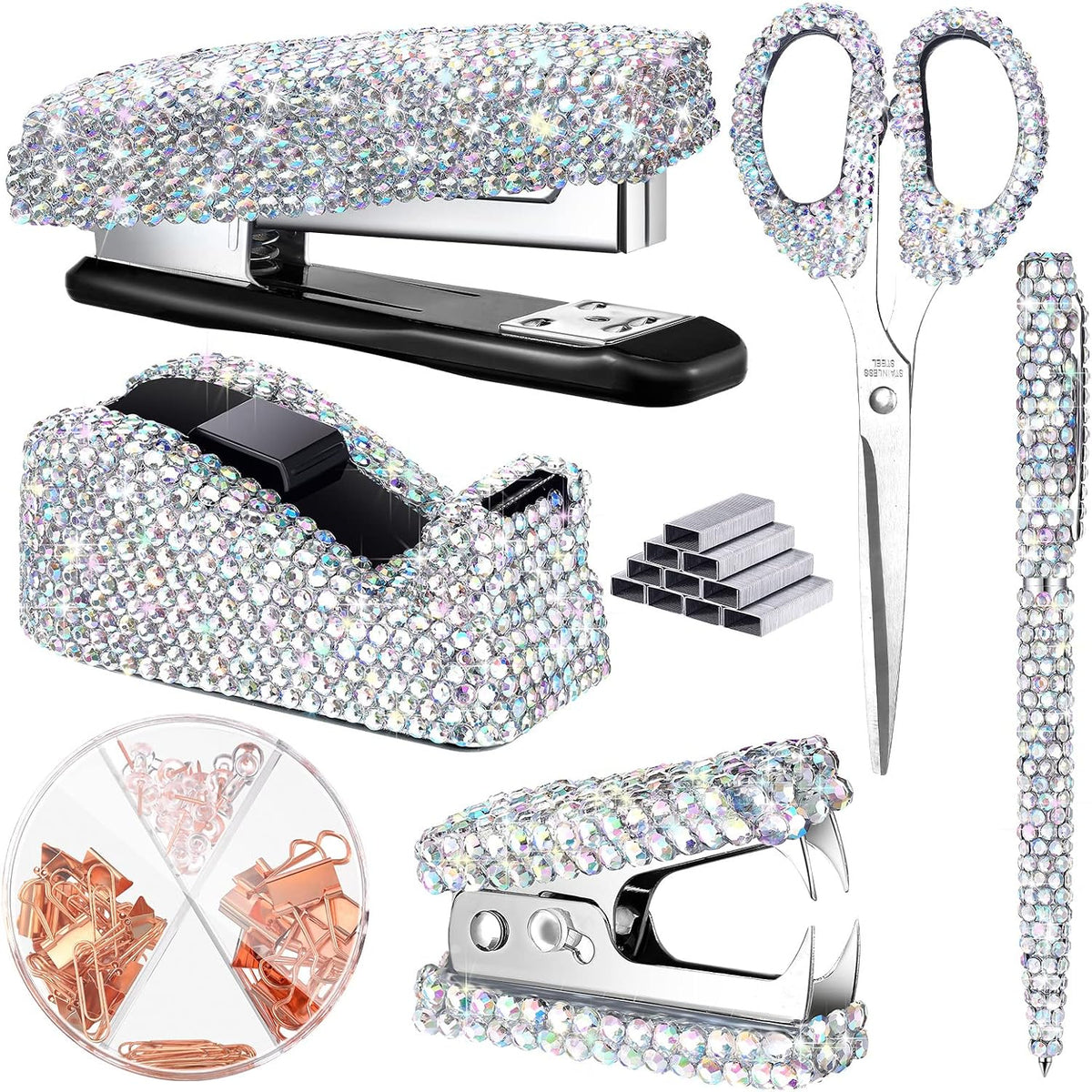 Demissle 6 Pcs Bling Office Desk Accessories Crystal Kit, White