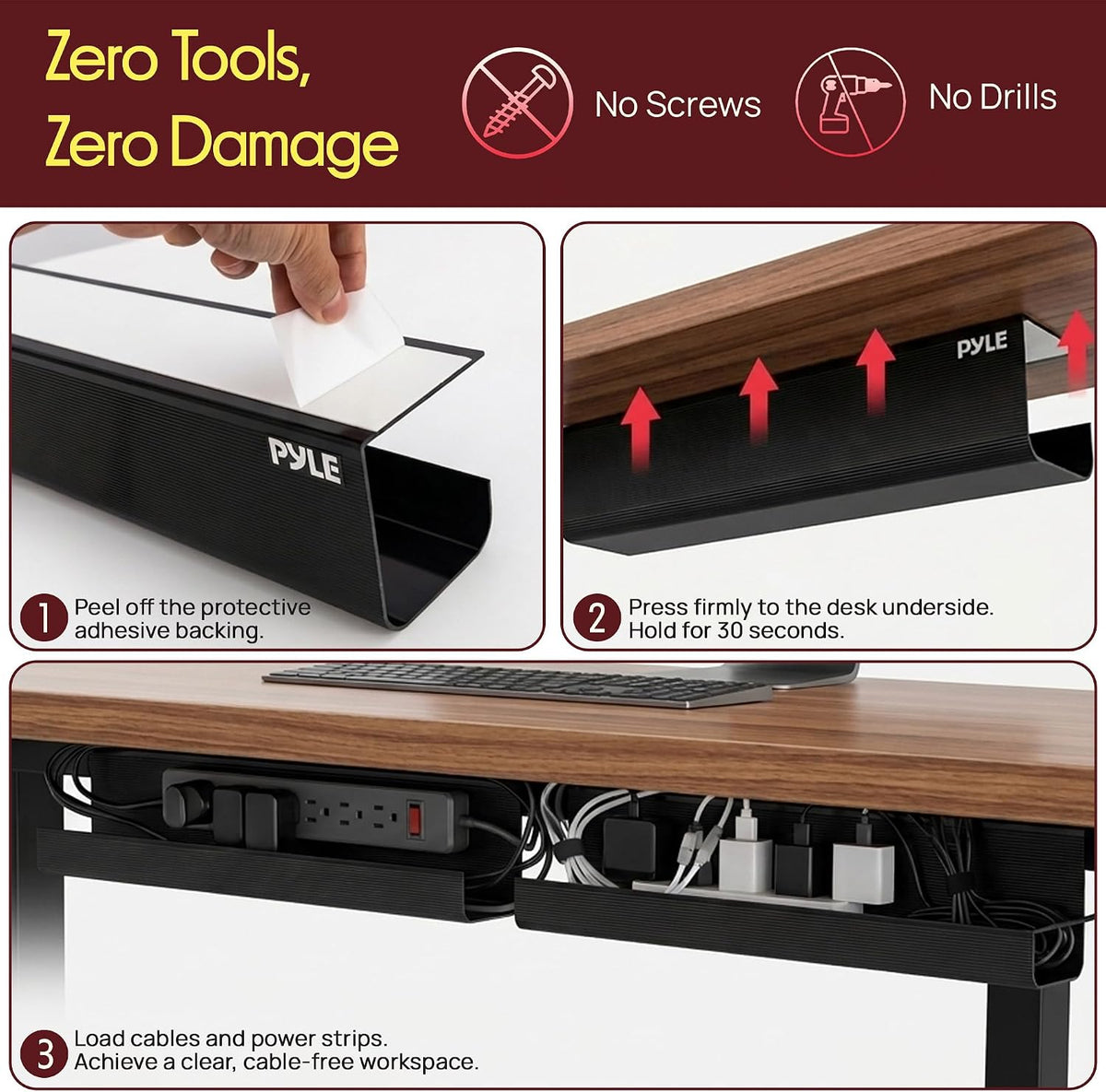 Pyle 2-Pack 17" Under Desk Cable Management Tray, Under Desk Cable Organ...