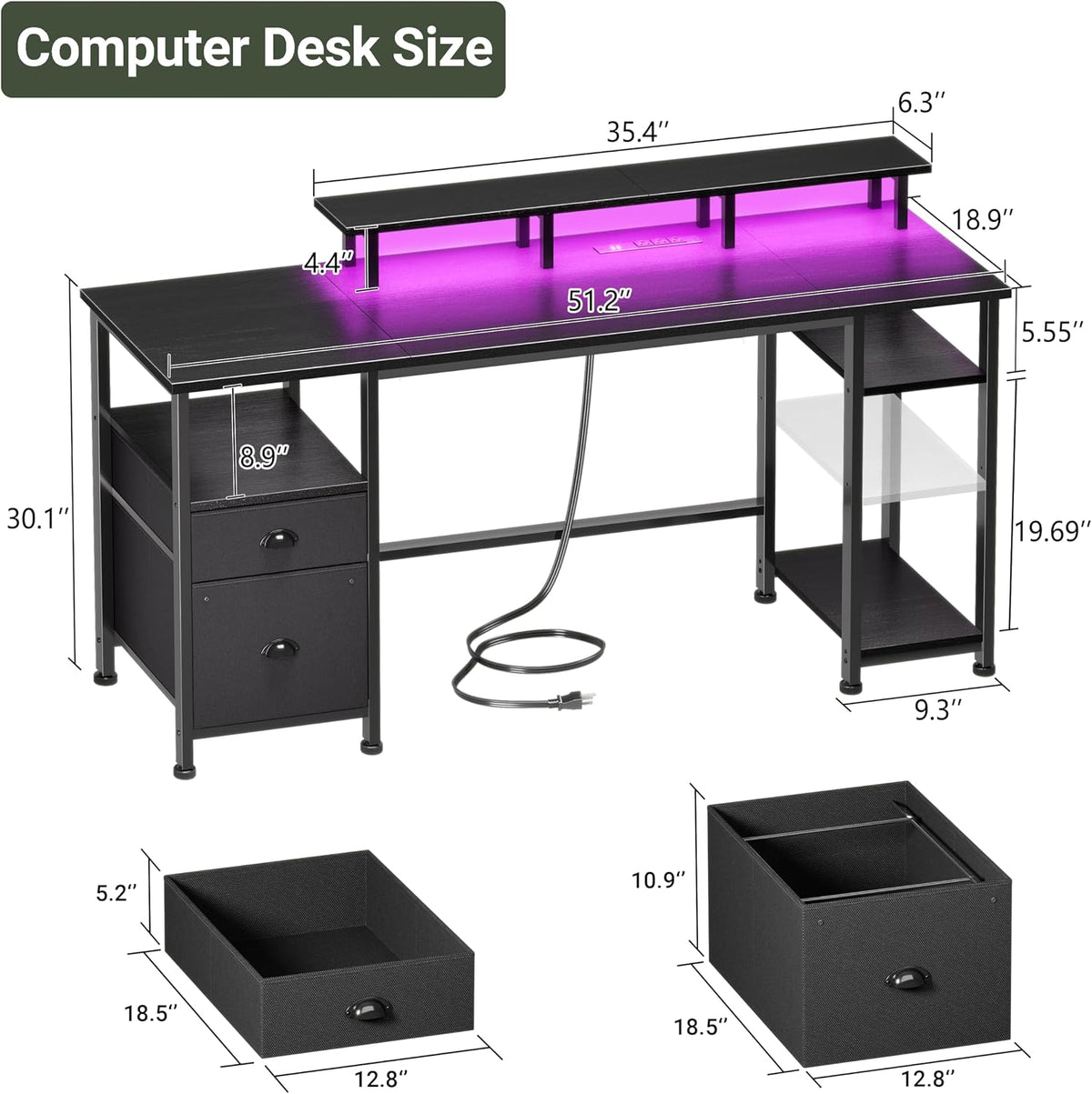 Furologee 51" Gaming Desk with Outlets & LED, Computer Office Desk, ...