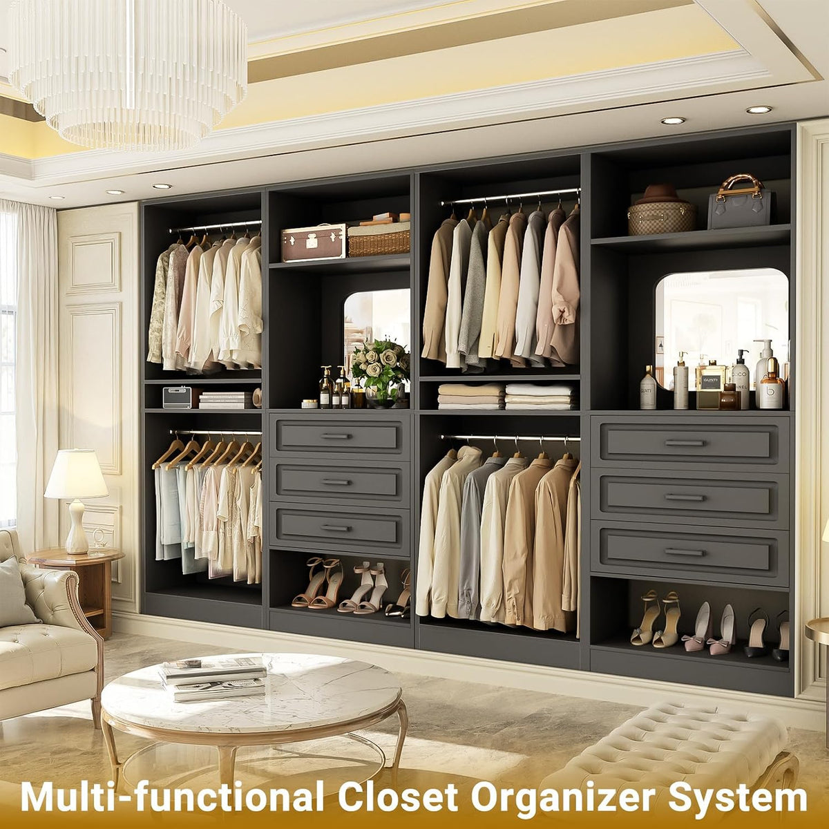 Unikito Closet System, 100" Closet Organizer with Drawers & Mirror, ...