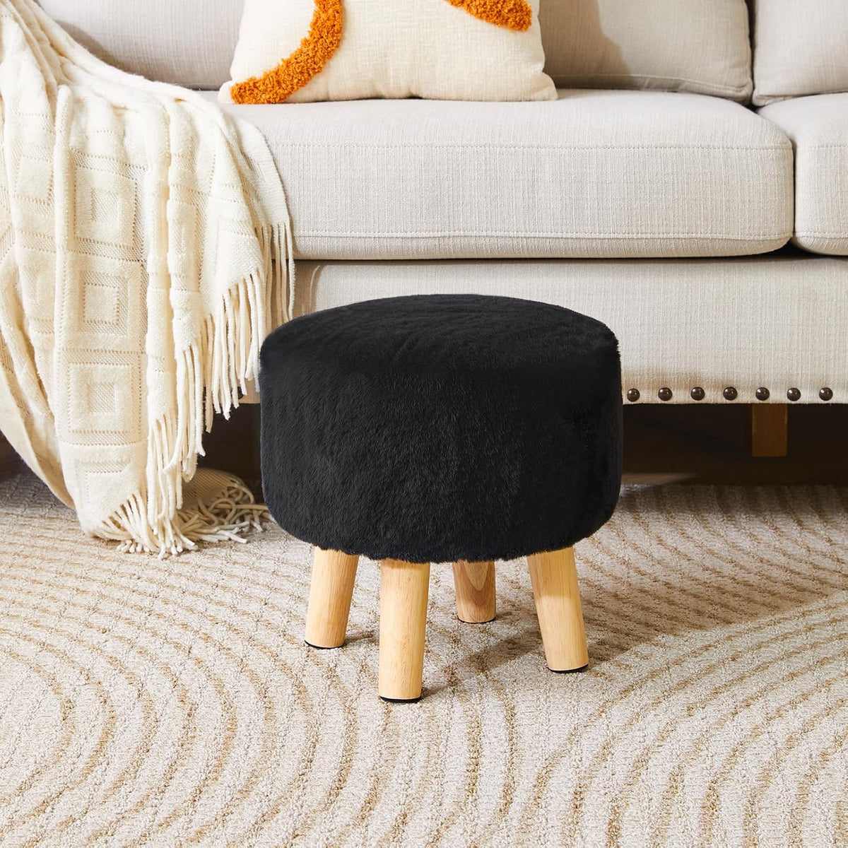 YMYNY Round Pouf Ottoman, 12.6" Small Foot Stool, Black HBD035B