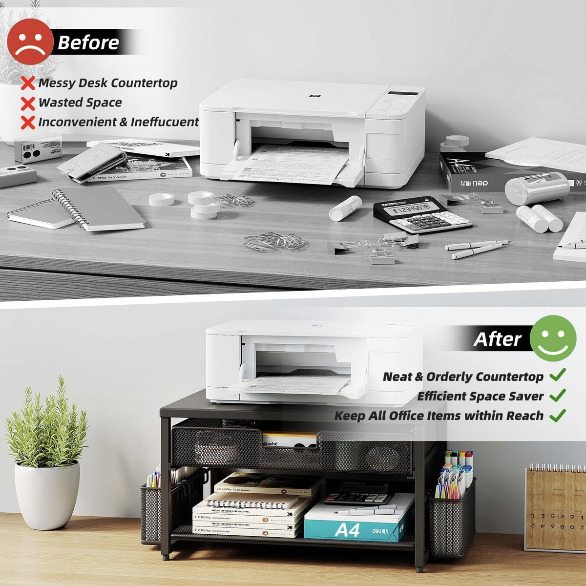 Metal Desktop Printer Stand with Storage Drawer & 2 Pen Holders,2 Tier Ho...