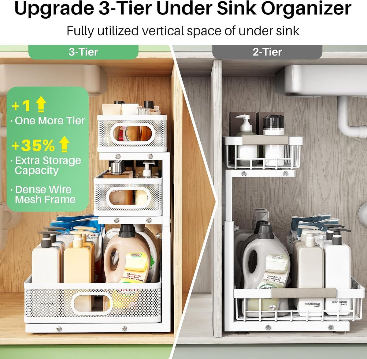 Kitstorack Under Sink Organizer, 2-Pack 3-Tier Height Adjustable Thickened Me...