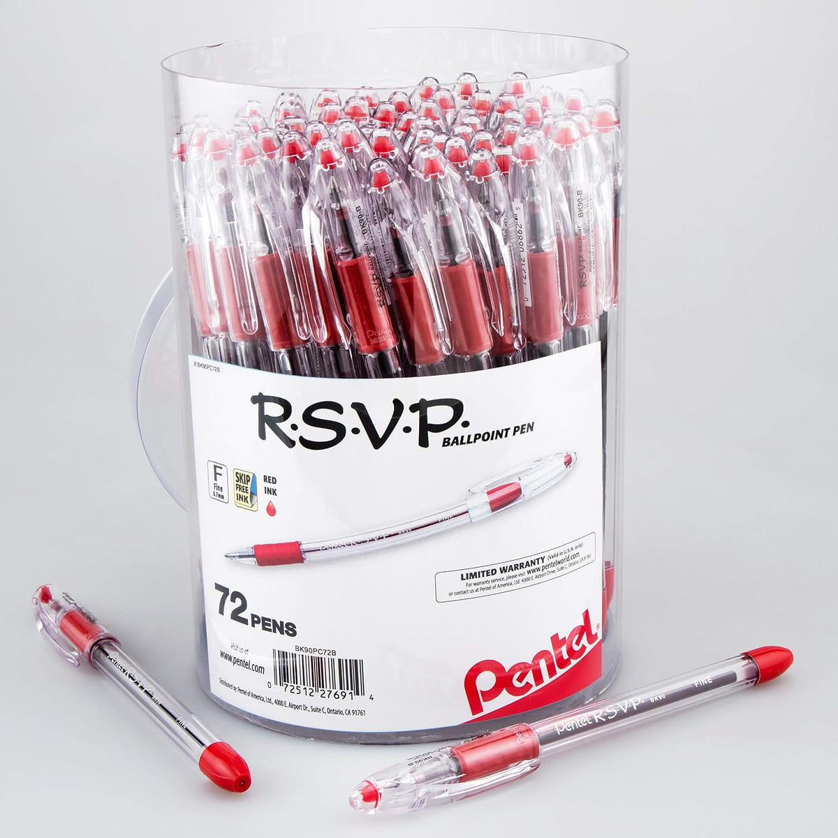 Pentel RSVP Ballpoint Pen, (0.7mm) Fine Line, Red Ink, 72pk Canister (BK90PC72B)