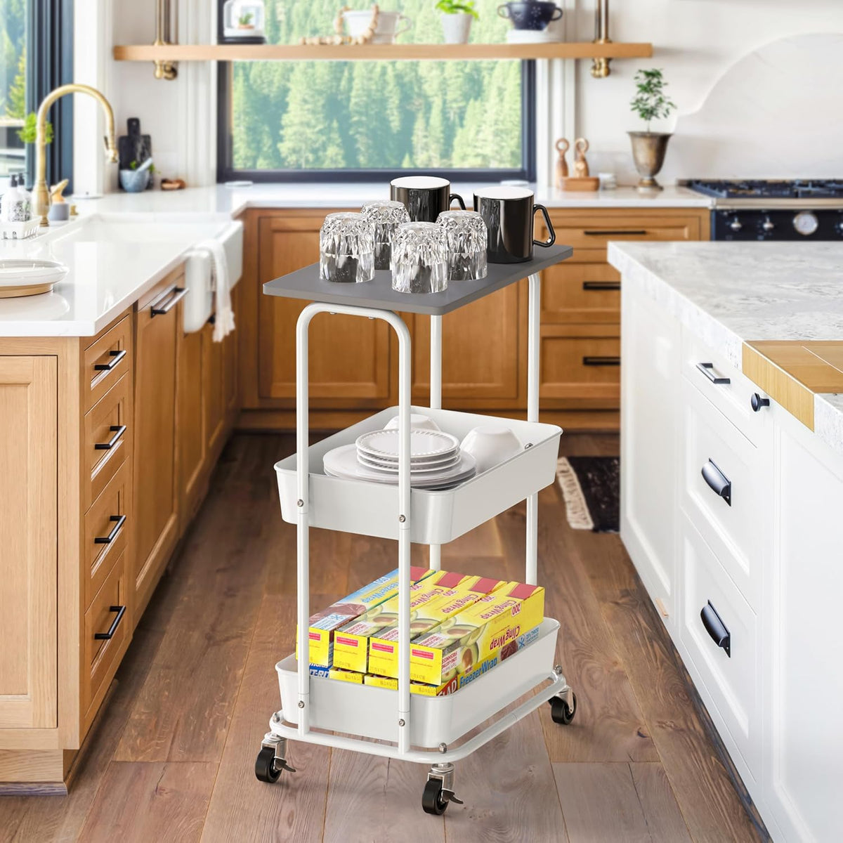 Simple Houseware 2-Tier Rolling Utility Cart Wood Top/Lockable Wheel, Gray