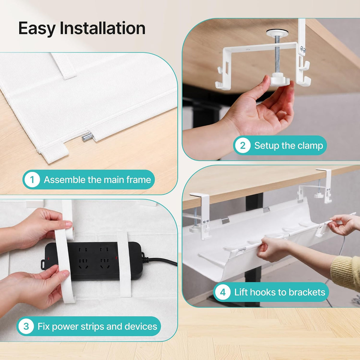 PEGZONE No Drill Under Desk Cable Management Tray, 31.5" Fabric Organizer
