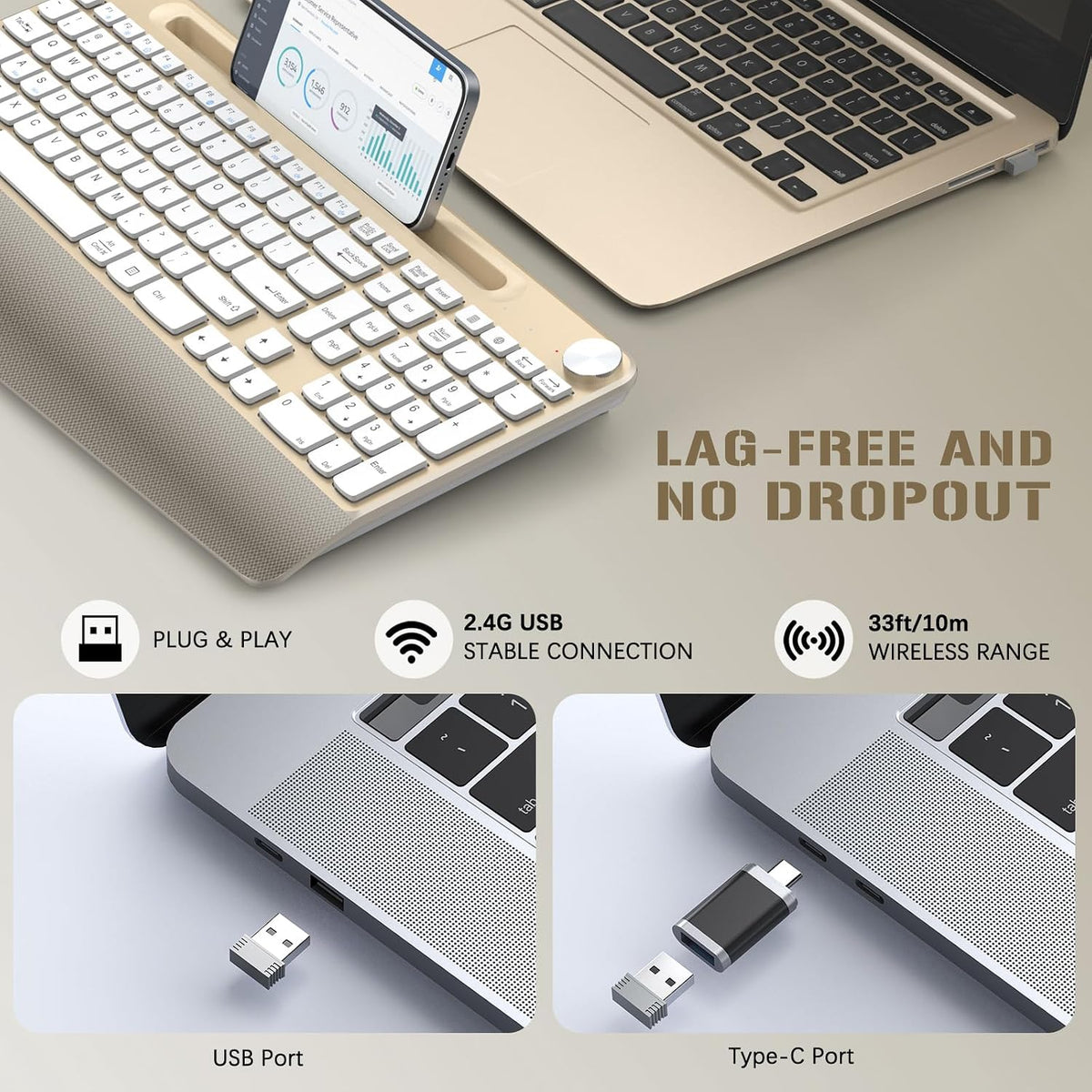 GAMCATZ Ergonomic Wireless Keyboard with Wrist Rest-Low-Profile,Phone/Tablet ...