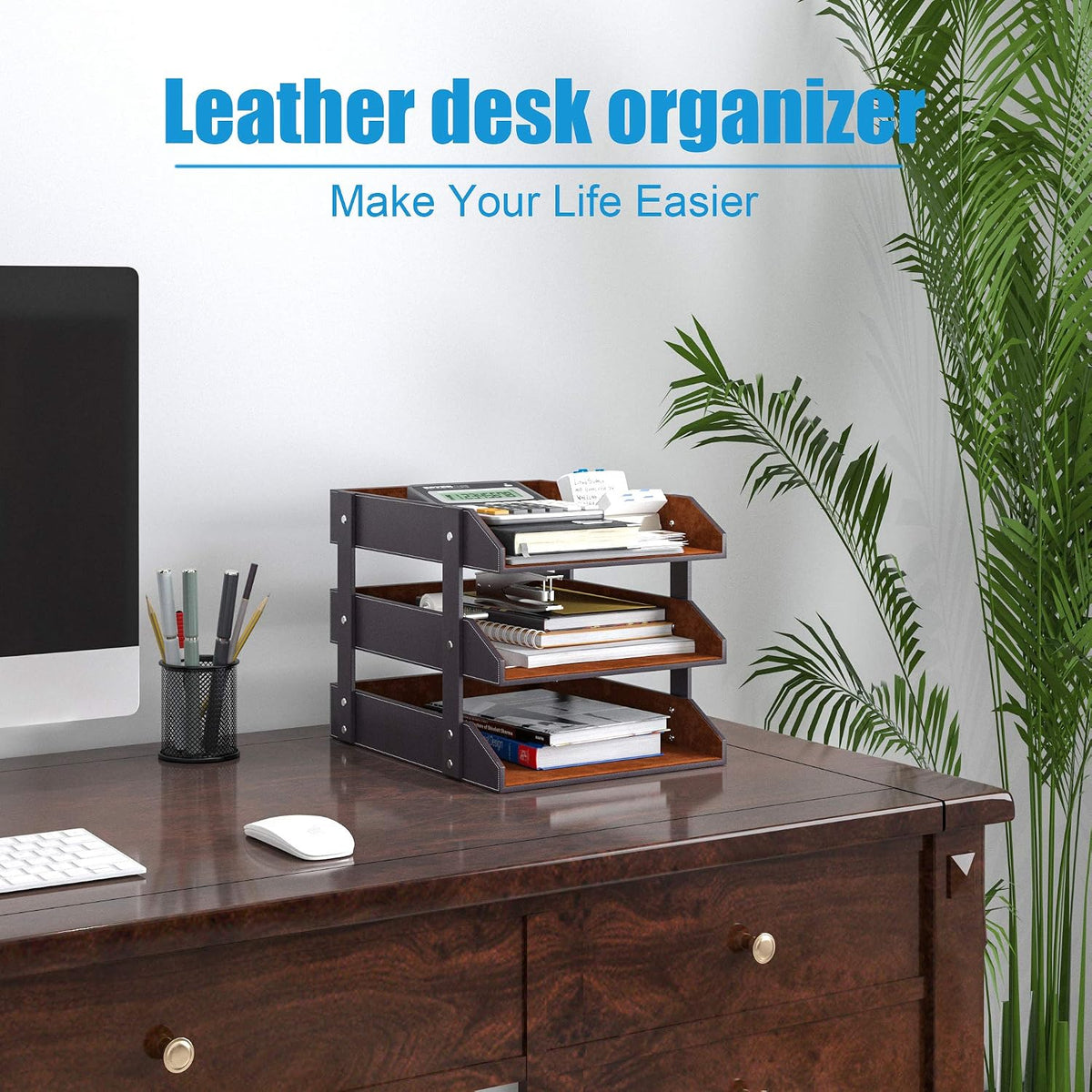 3 Tier Leather Magazine File Holder, Thipoten Paper Tray Organizer Desk Docum...