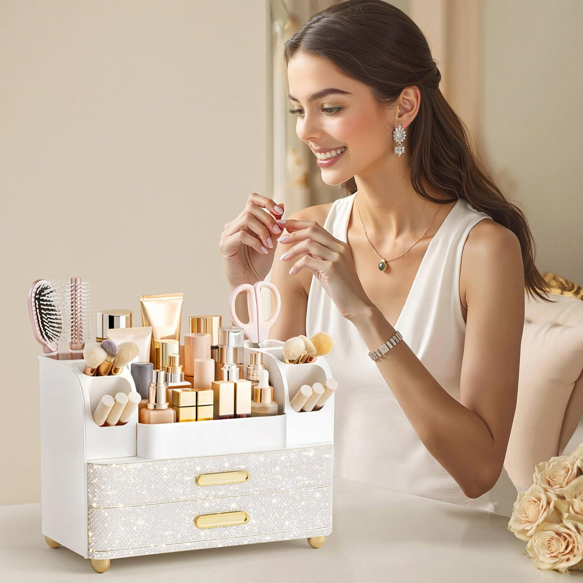 HBlife Makeup Organizer for Vanity with Brush Holder, Large Bathroom Countert...