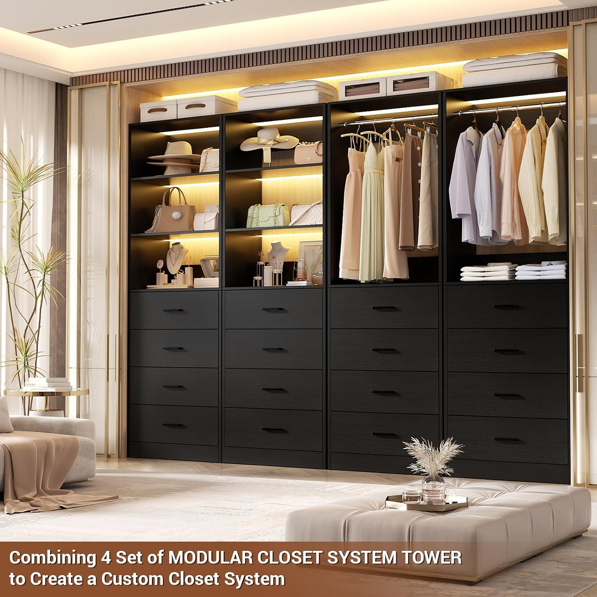 Aheaplus Closet Drawers System, 21.3" Wood Closet Organizer System, Black