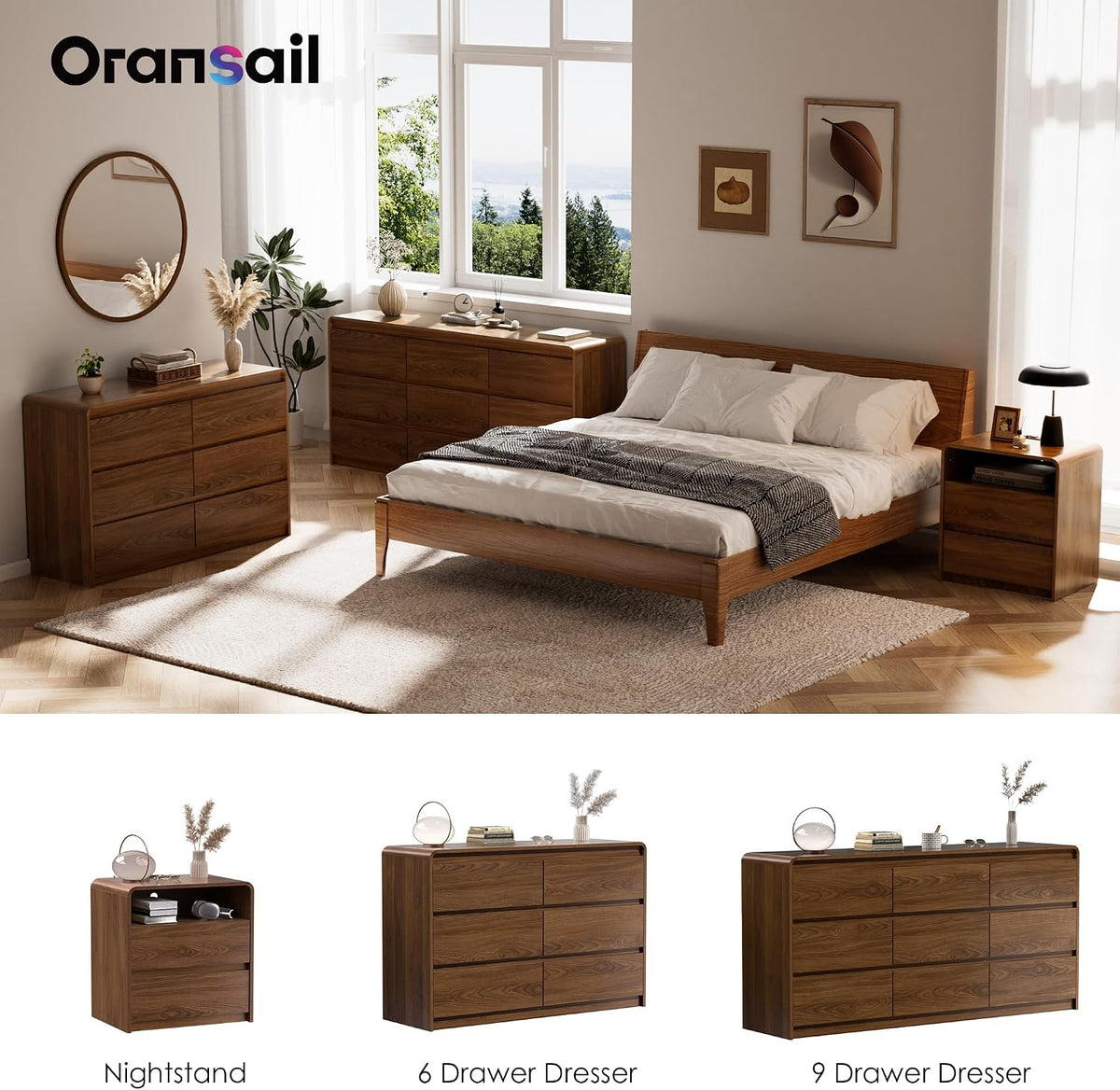 6 Drawer Dresser, 47" Wide Walnut Dresser Wooden Dresser for Bedroom