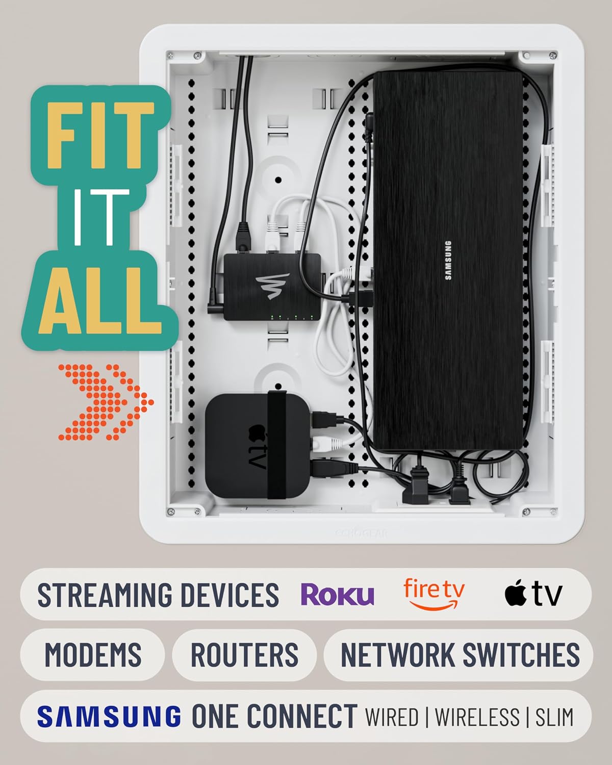 ECHOGEAR 17” in Wall TV Media Box – WiFi Friendly Cable Management Kit