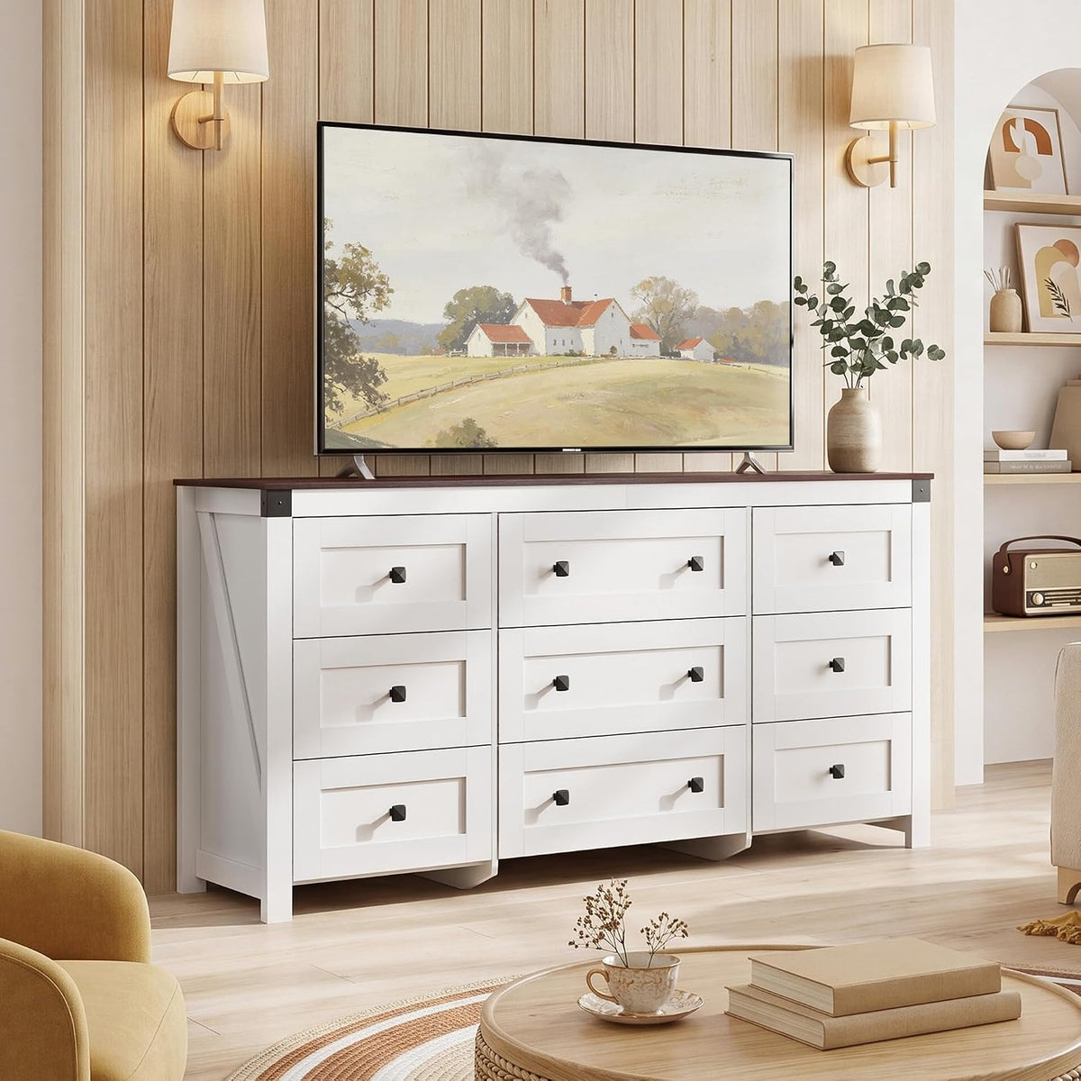 9-Drawer 62.2"W Farmhouse TV Stand for TVs up to 70 Inches, White