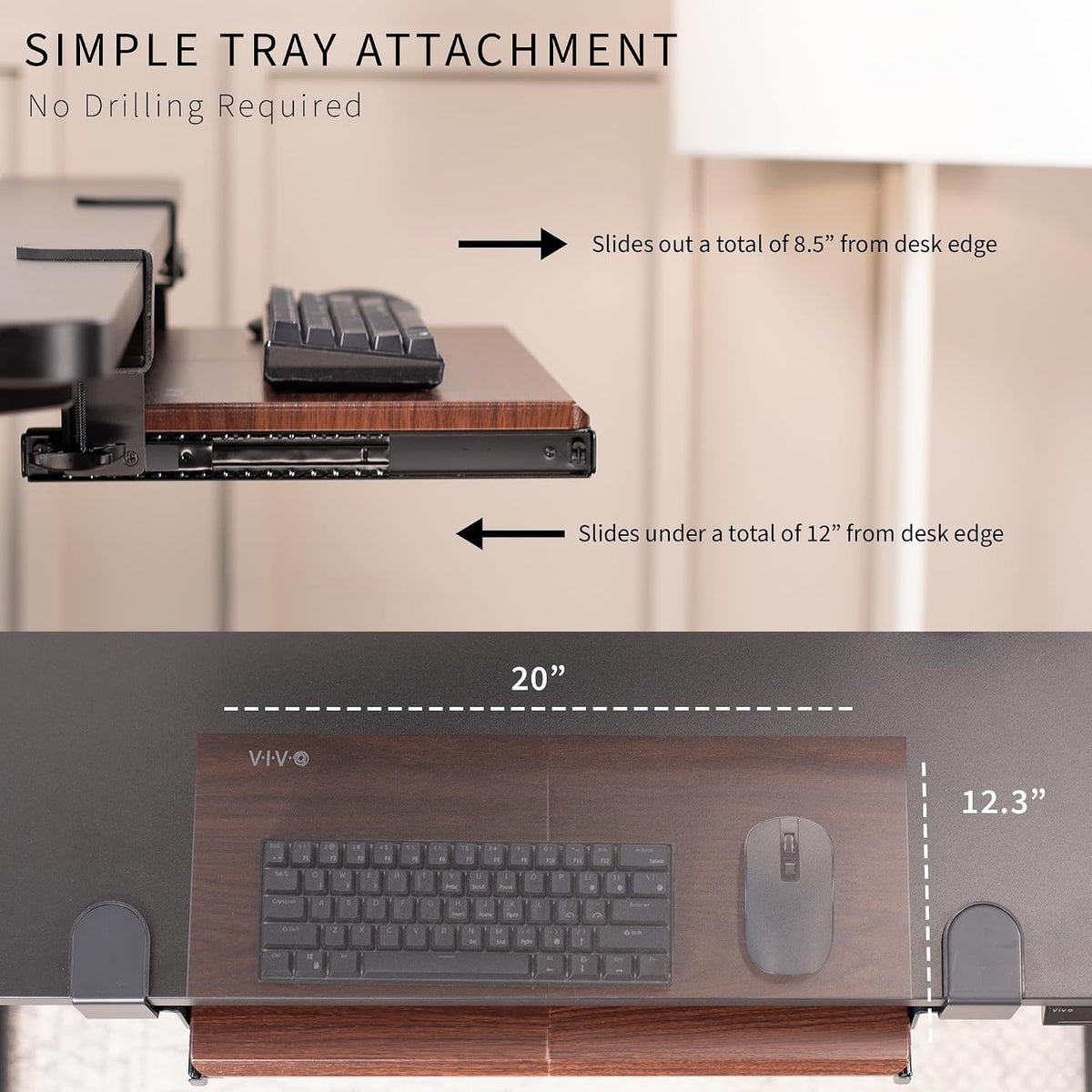 VIVO Dark Walnut Clamp-on 20 x 11 in Keyboard Tray, MOUNT-KB05ES-D