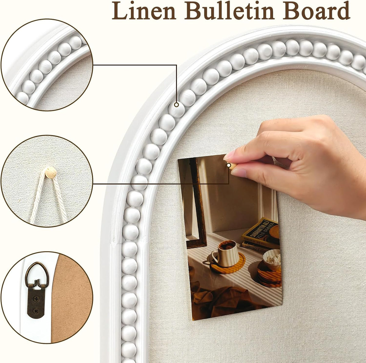 16" x 24" Linen Bulletin Board, Arched White Wood Frame with Beaded...