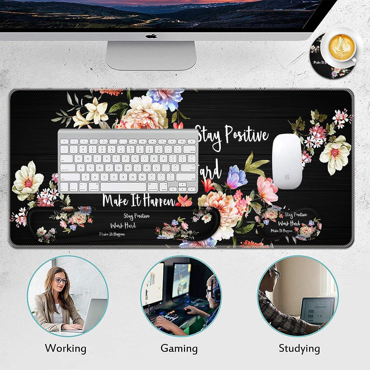 Mouse Pad Set,(31.5×11.8 in)Desk Pad + Keyboard Wrist Rest Support + Mouse Wr...
