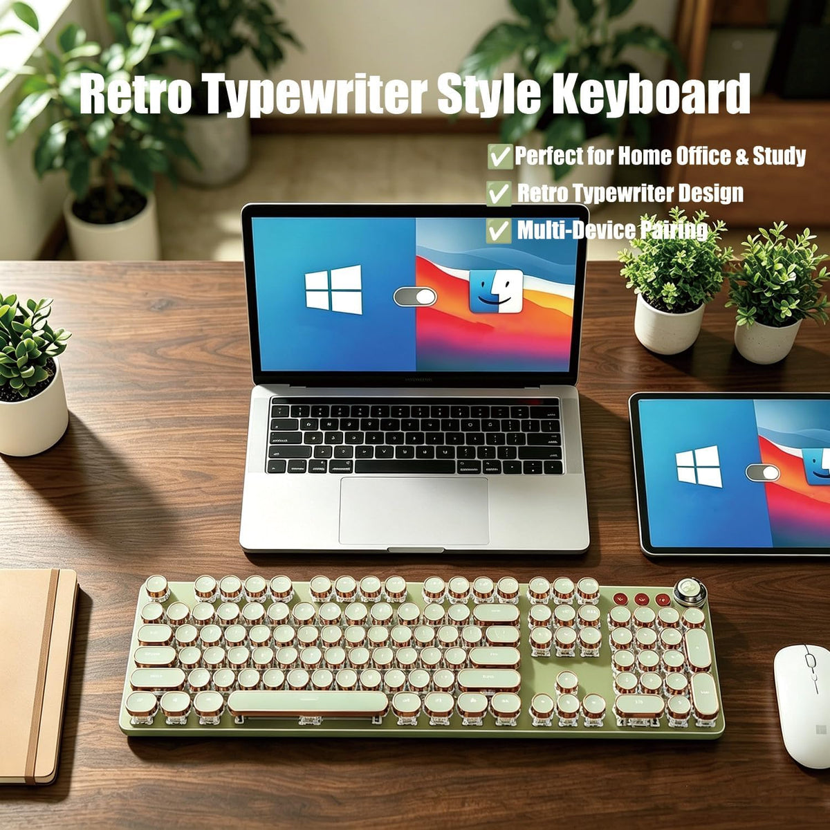 Retro Typewriter Mechanical Keyboard, Green, 104 Keys, Round Keycaps with LED...
