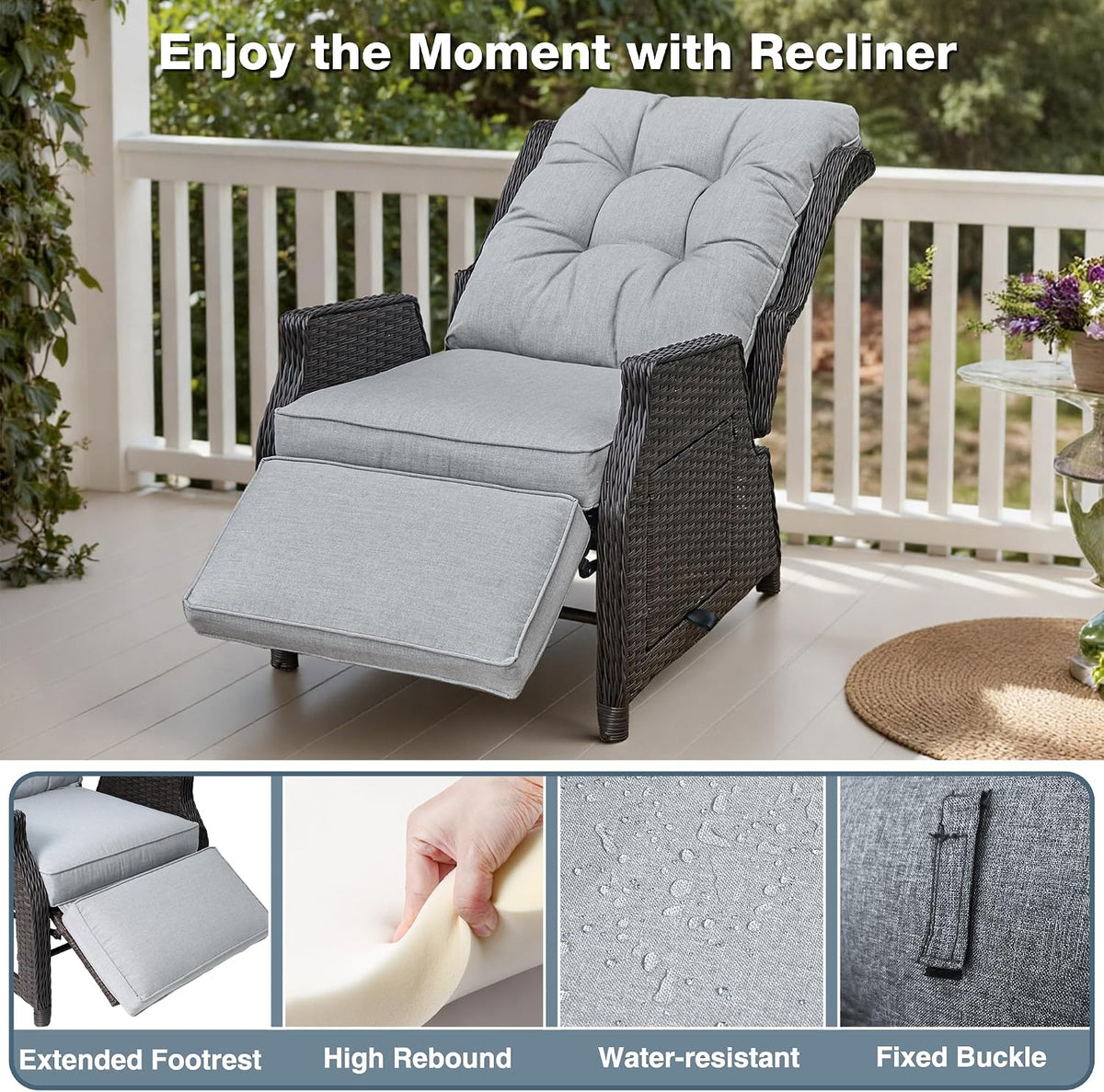 Outdoor Recliner with Adjustable Back and Footrest,Light Grey