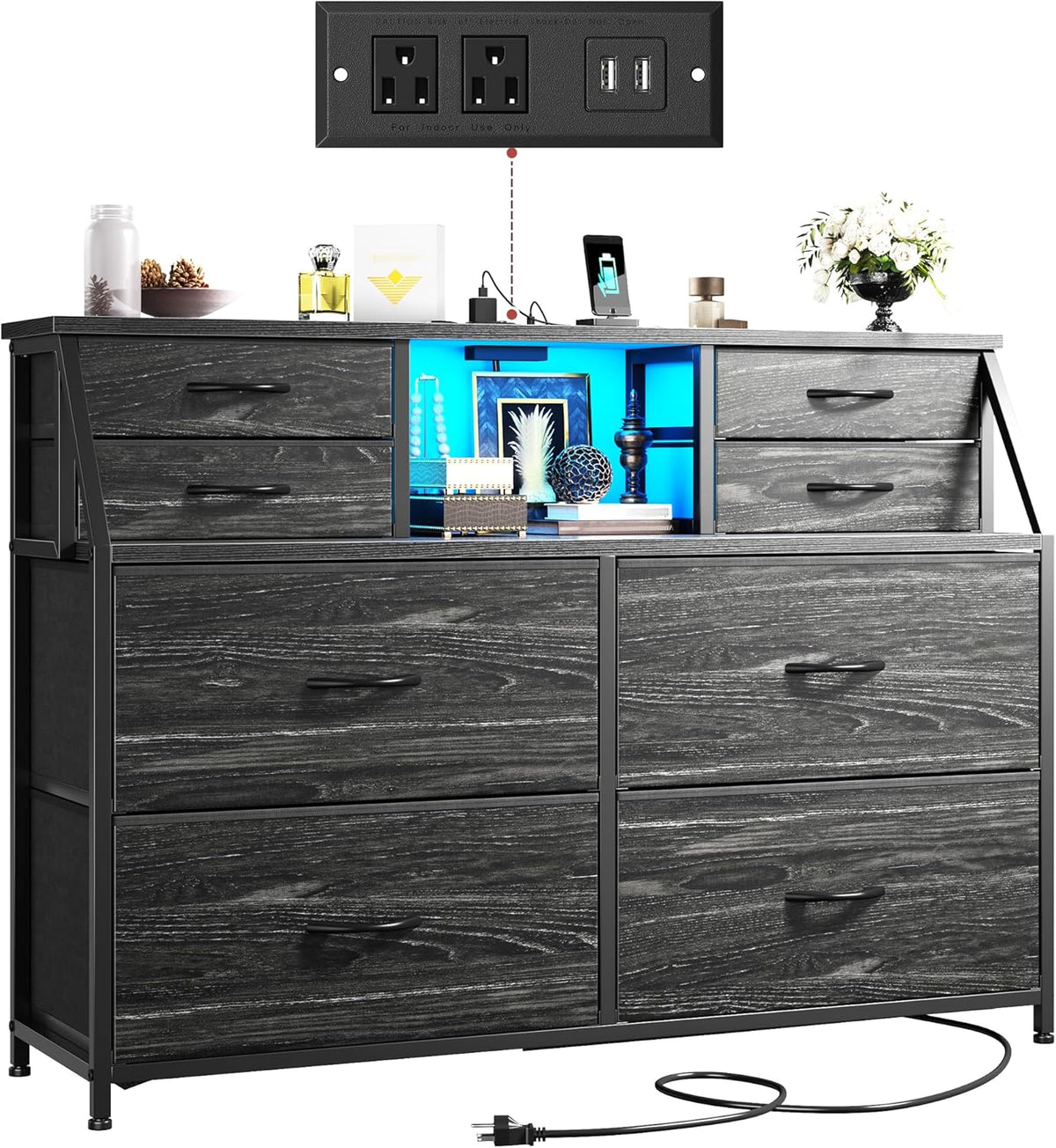Romorgniz 8-Drawer Dresser with Charging Station & LED, Storage Organizer