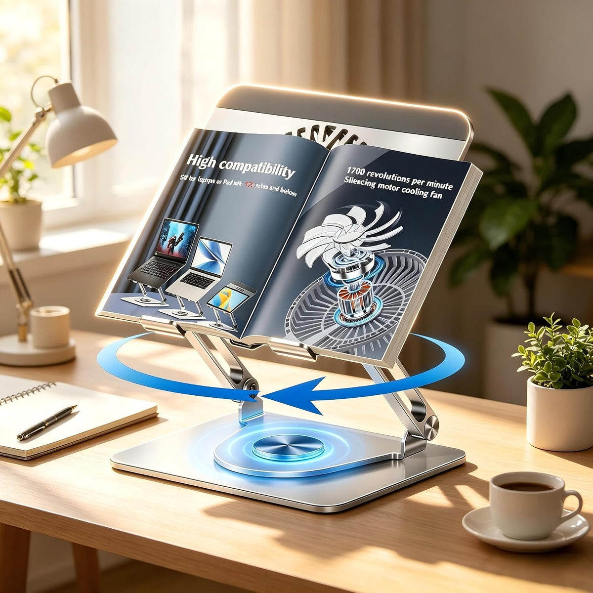 360° Rotating Adjustable Laptop Stand with Cooling Fan, Foldable Dual-Bar Sup...
