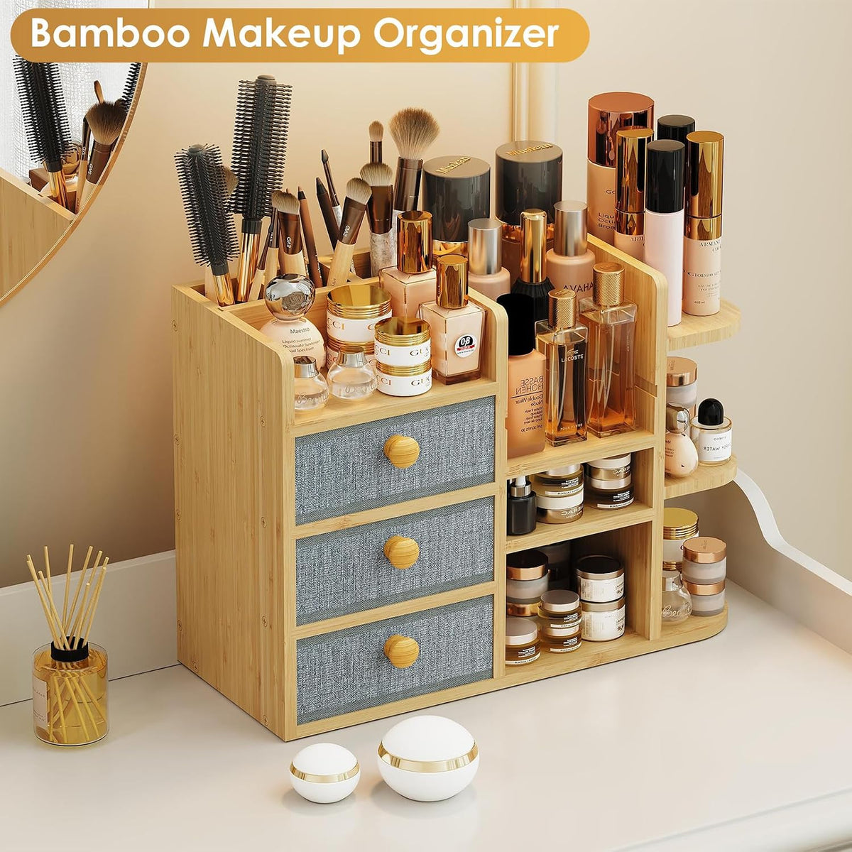 Large Makeup Organizer For Vanity, Large Capacity 3 Tiers Bamboo Bathroom Cou...