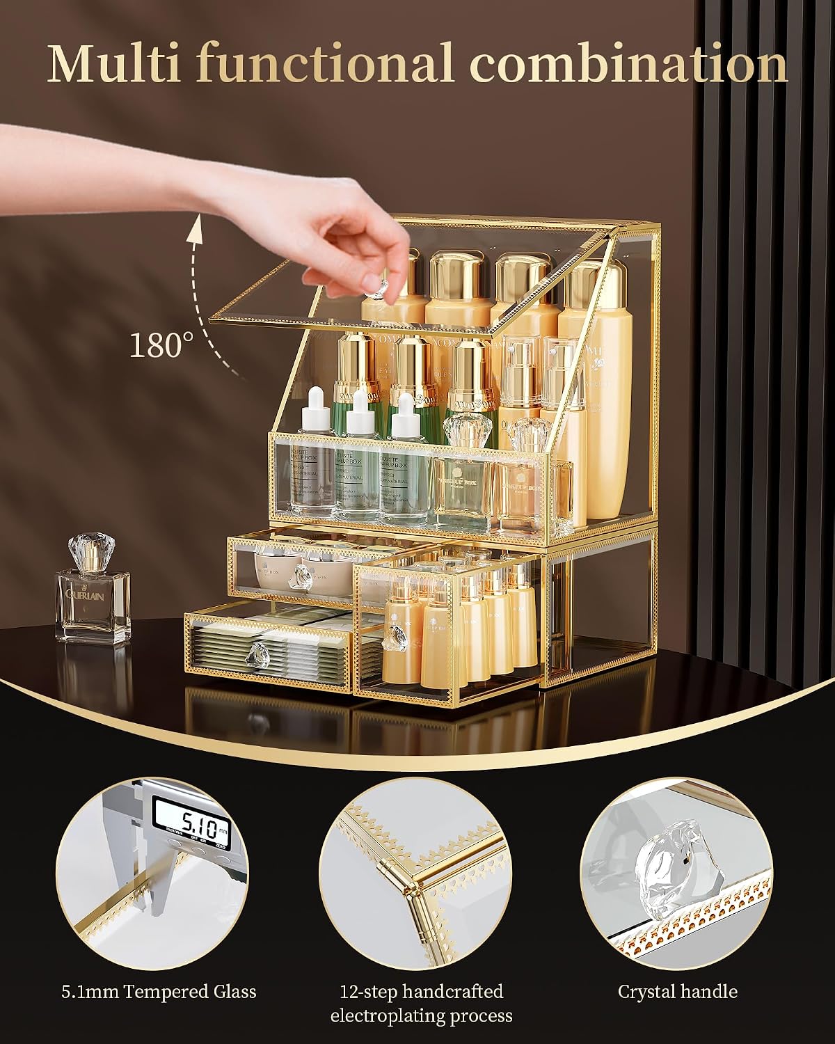 CoralHouse Glass Makeup Organizer with Lid and Drawer for Vanity, Clear