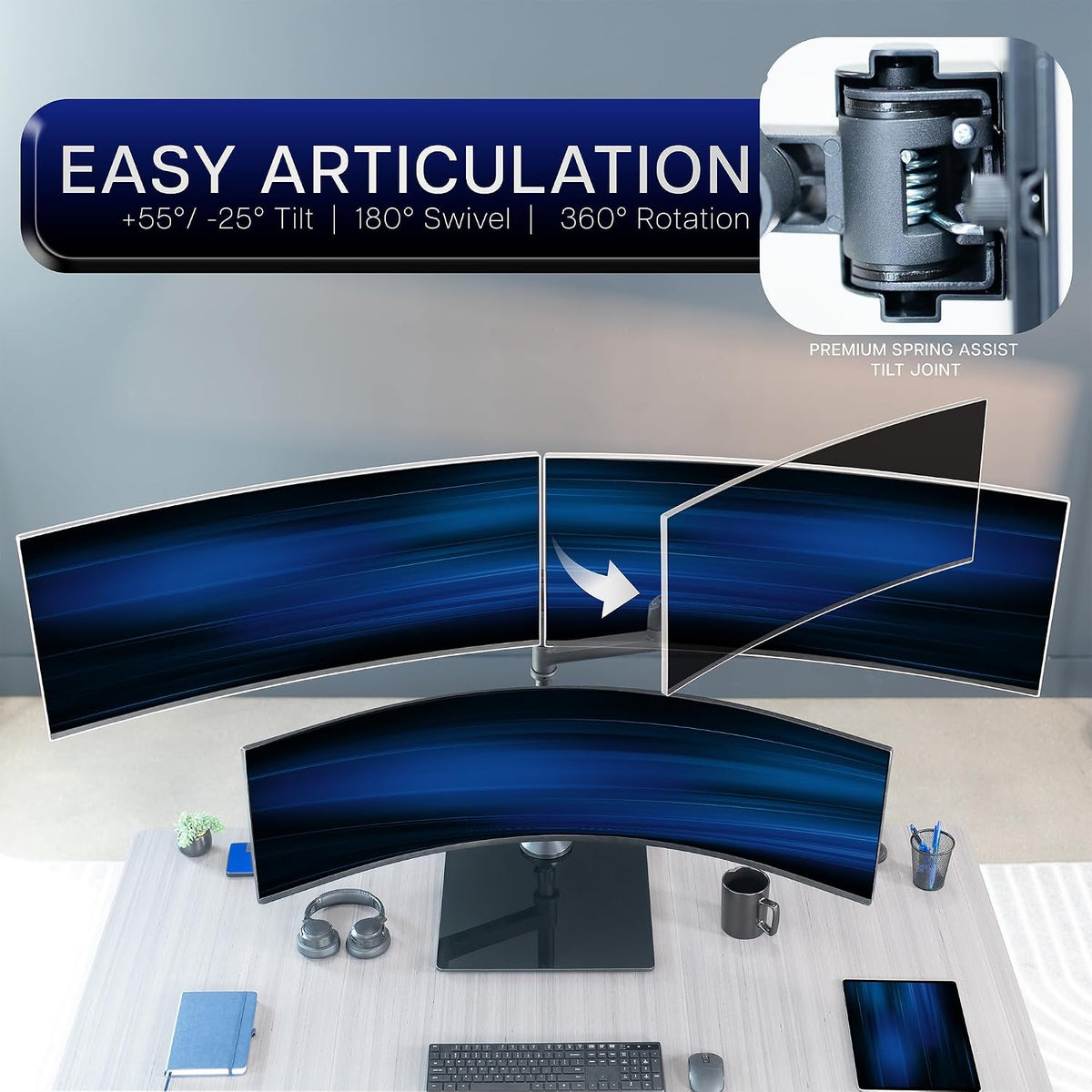 VIVO Pneumatic Arm Triple Ultrawide Monitor Desk Stand for Up to 49 inch Scre...