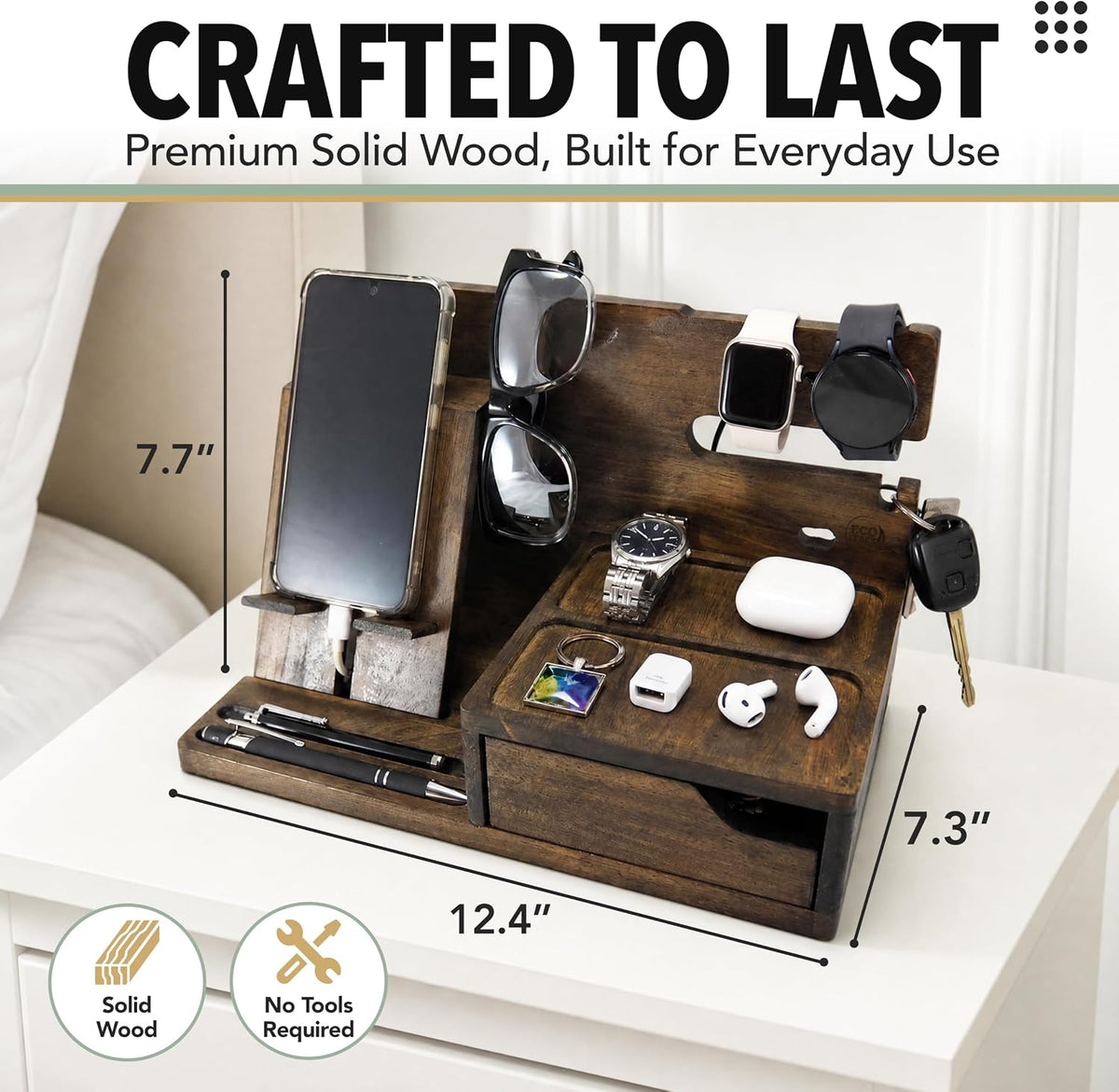 Nightstand Organizer for Men- Night Stand, Bedside or Dresser (Rustic)
