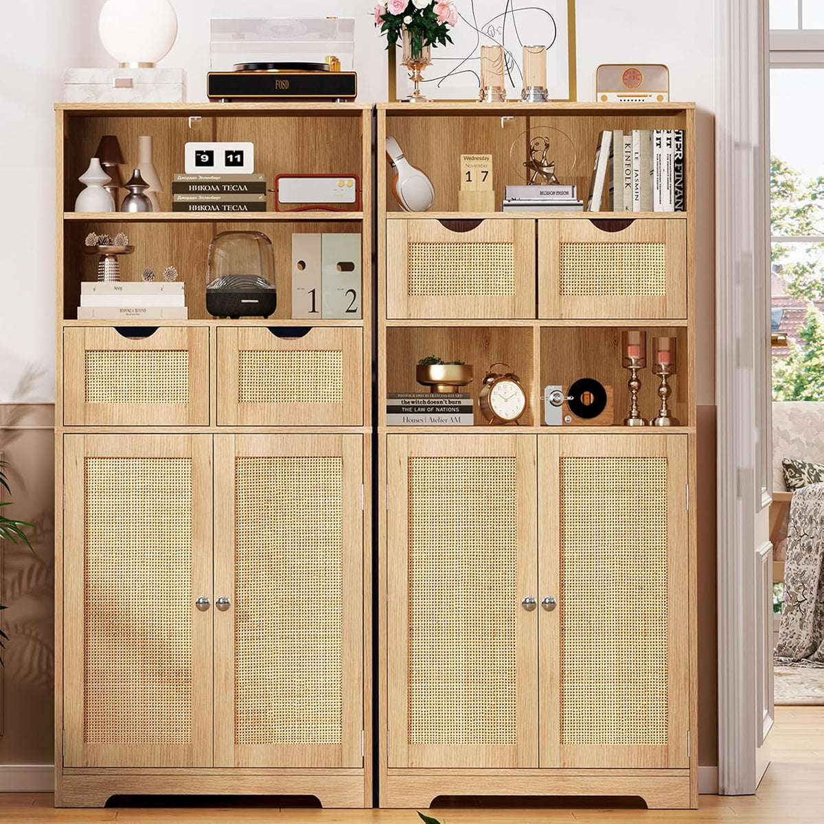 Iwell Tall Storage Cabinet, Rattan Cabinet with 2 Drawers & Adjustable Sh...