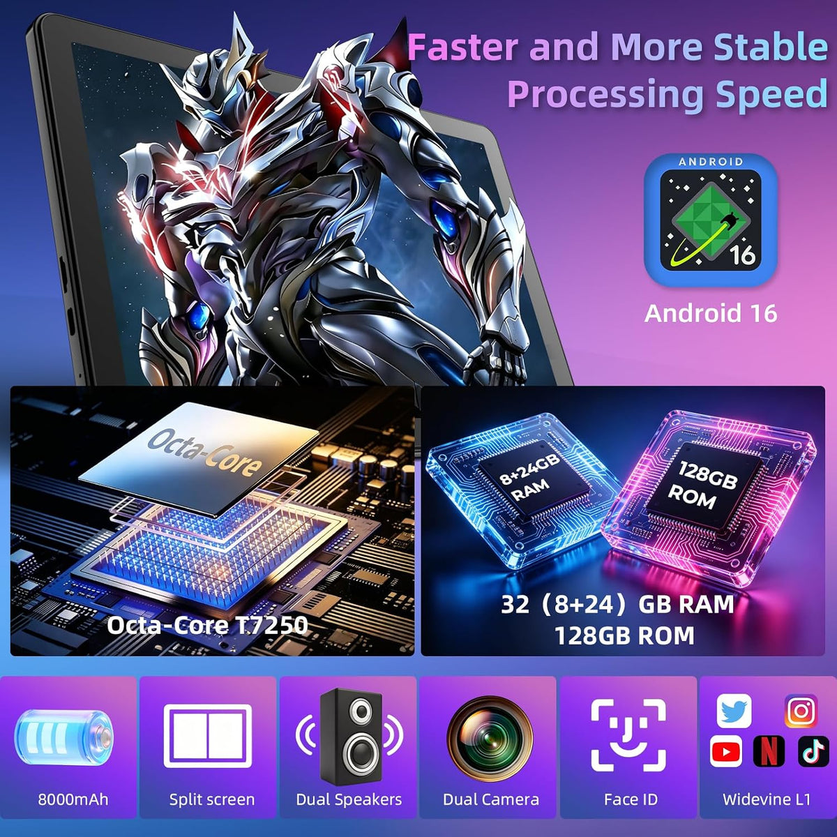 11 inch Tablet with Keyboard,Android 16 Tablet with Octa Core Processor
