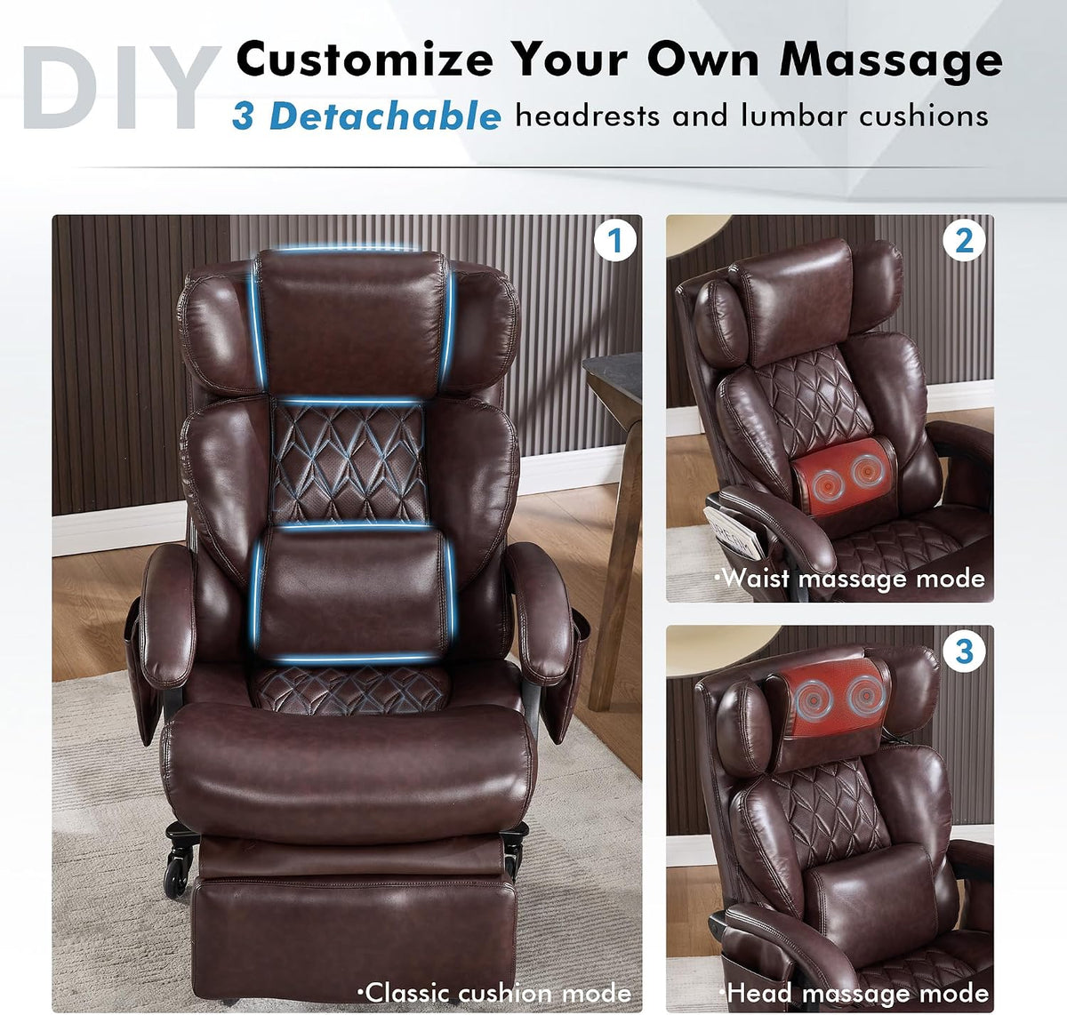Big and Tall Ergonomic Massage Office Chair with Footrest, PU Leather Brown