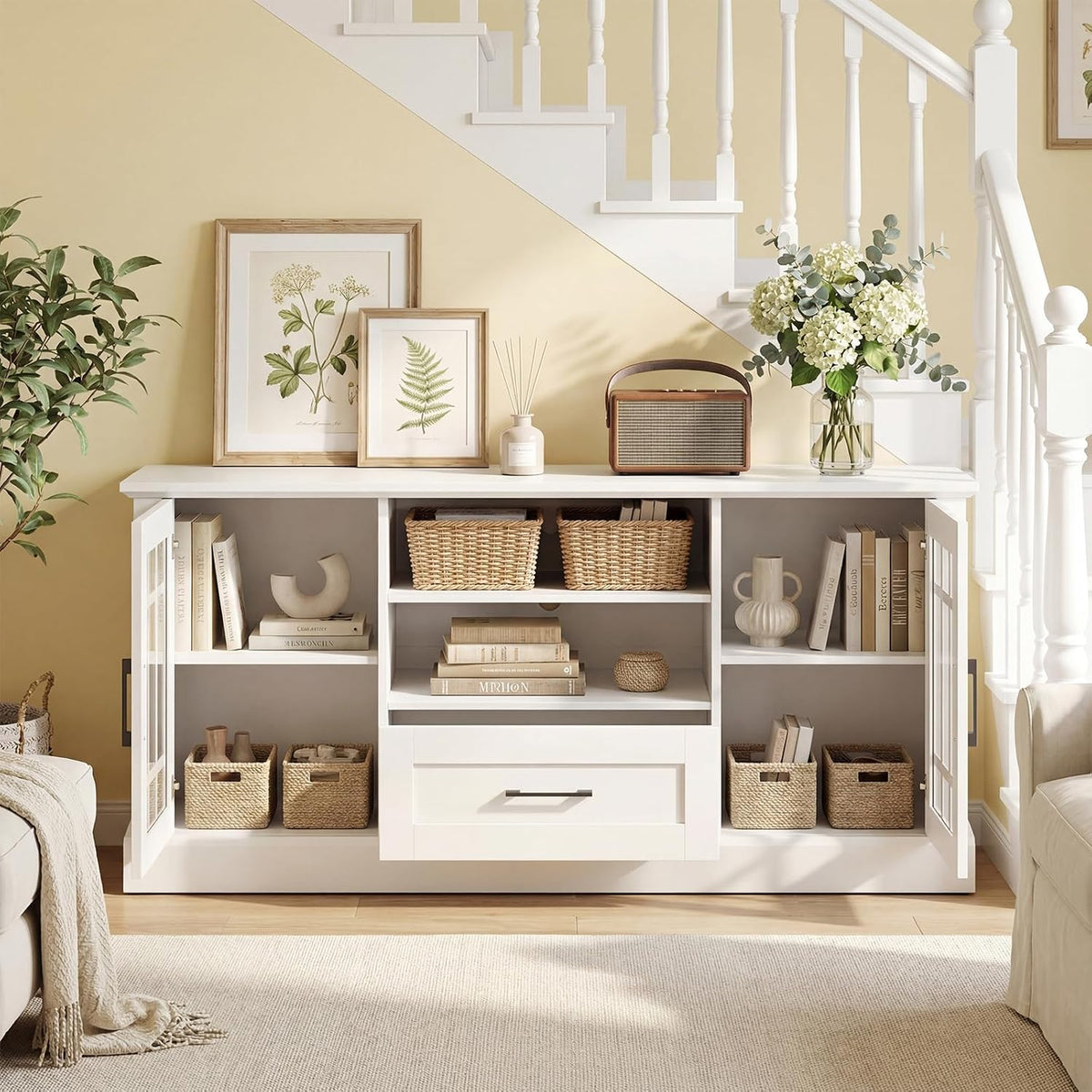 LOKO 62 Inch TV Cabinet, Media Console Table w/ 2 Glass Door Cabinets & D...