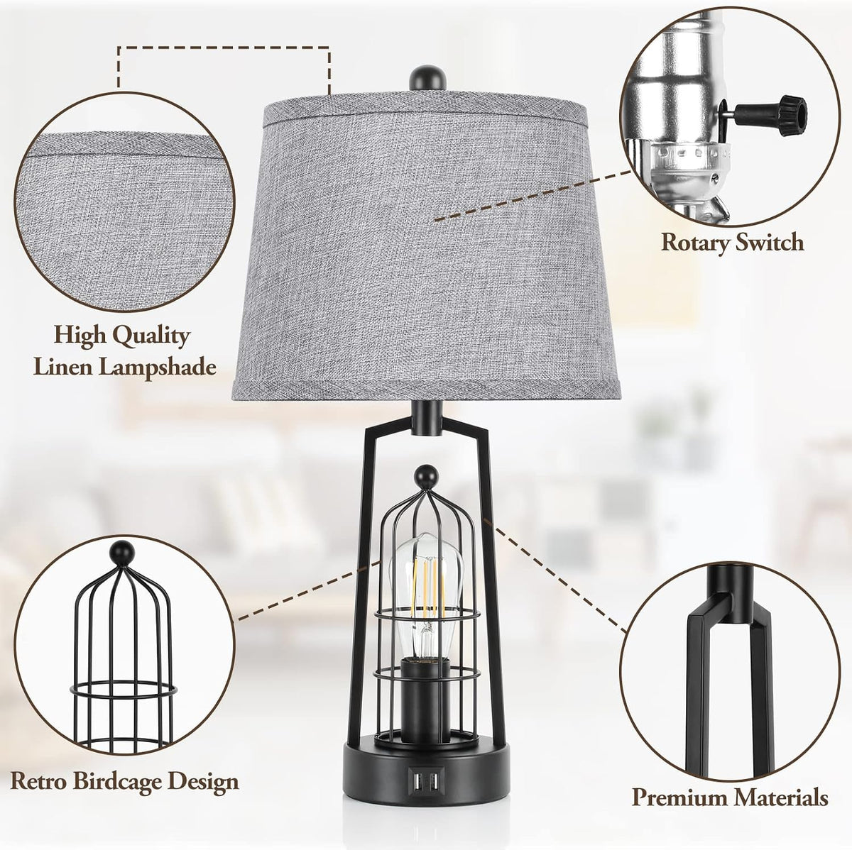 Farmhouse Table Lamps with 2 USB Ports, Set of 2 Rustic Industrial Desk Lamp ...