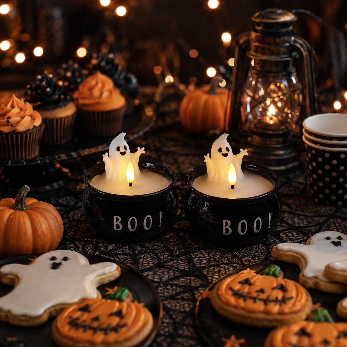 Halloween Flameless Candles 2 Pack, BOO Ghost Battery Operated LED Decor