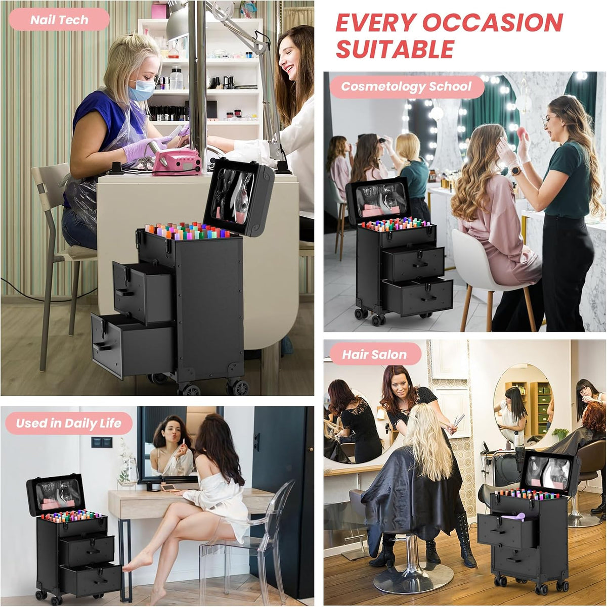 3 in 1 Rolling Makeup Train Cosmetology Case on Wheel, Medium
