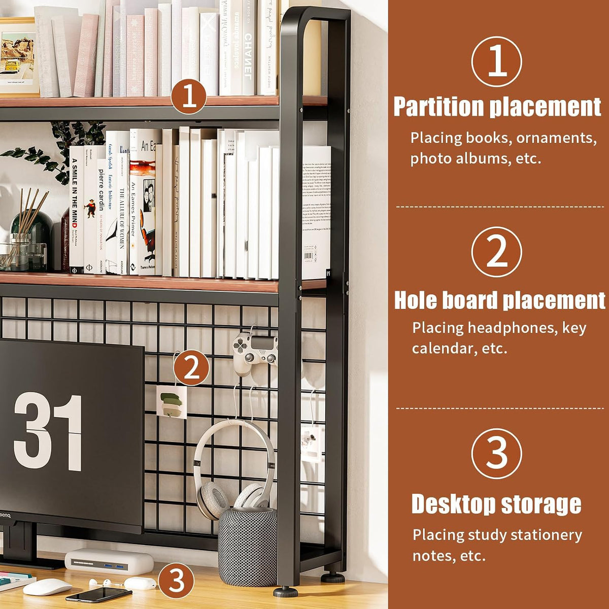 HUATOL Desktop Bookshelf for Computer Desk, 2-Tier Multipurpose Wood Countert...