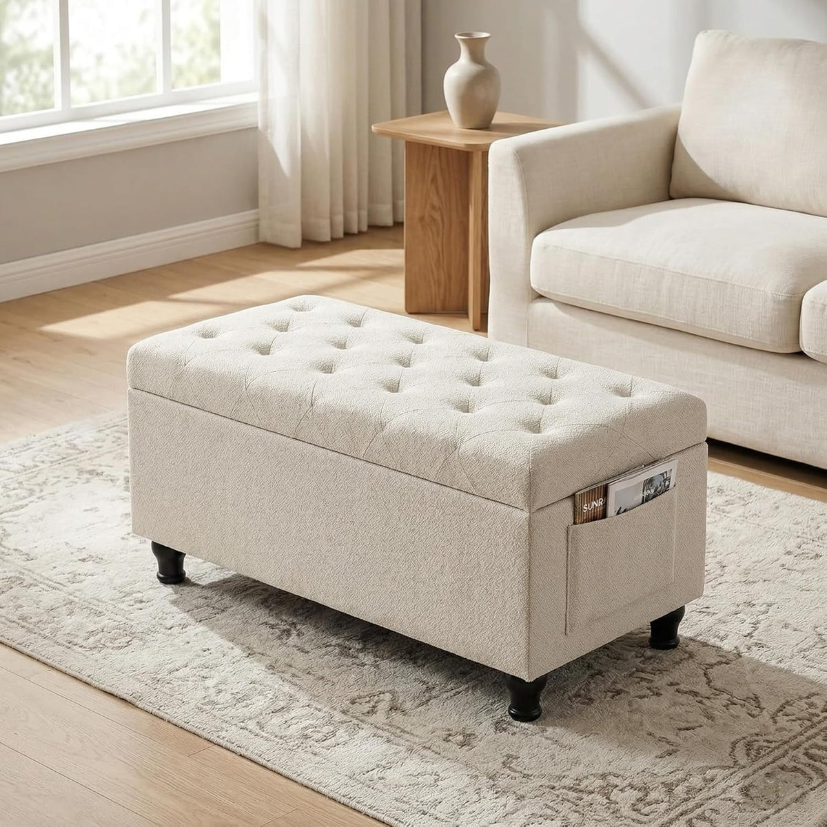 32'' Beige Fabric Upholstered Ottoman Storage Bench
