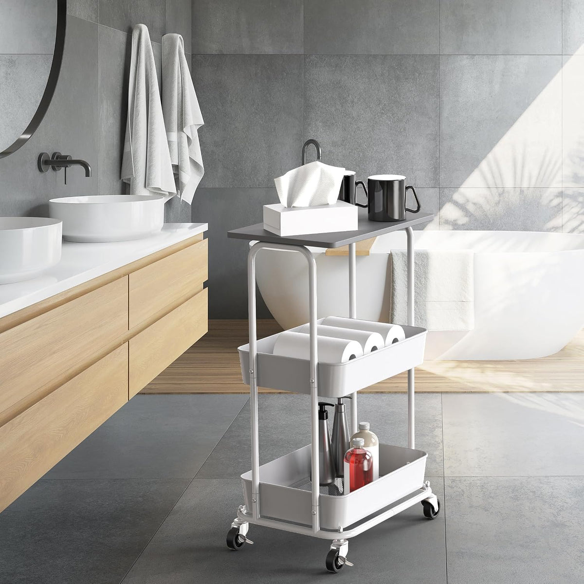 Simple Houseware 2-Tier Rolling Utility Cart Wood Top/Lockable Wheel, Gray