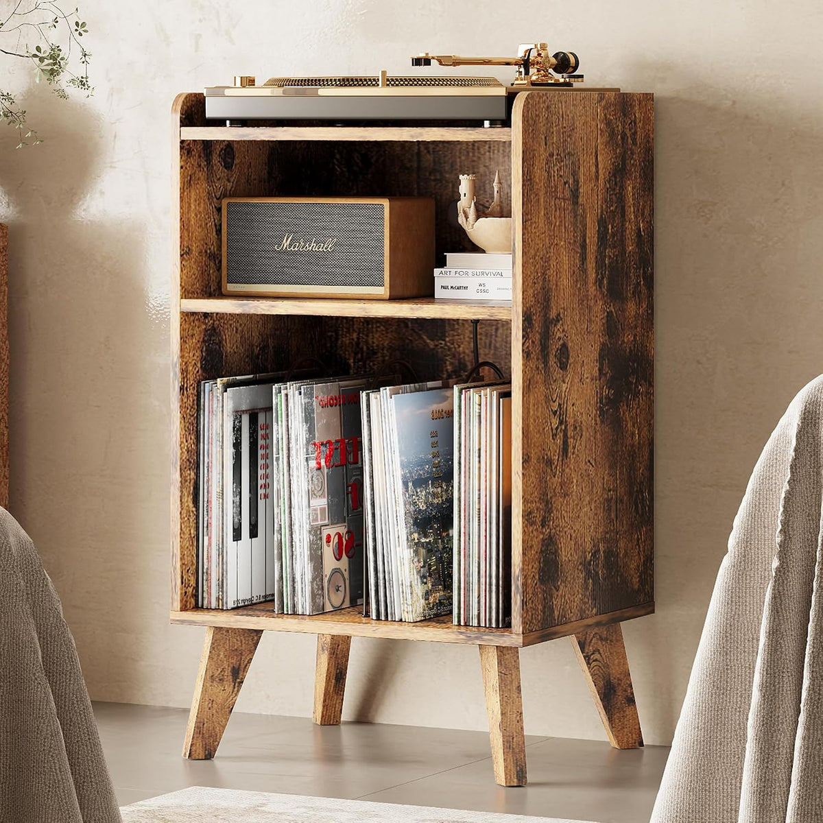 Record Player Stand, Turntable Stand with Record Storage and Charging Station...