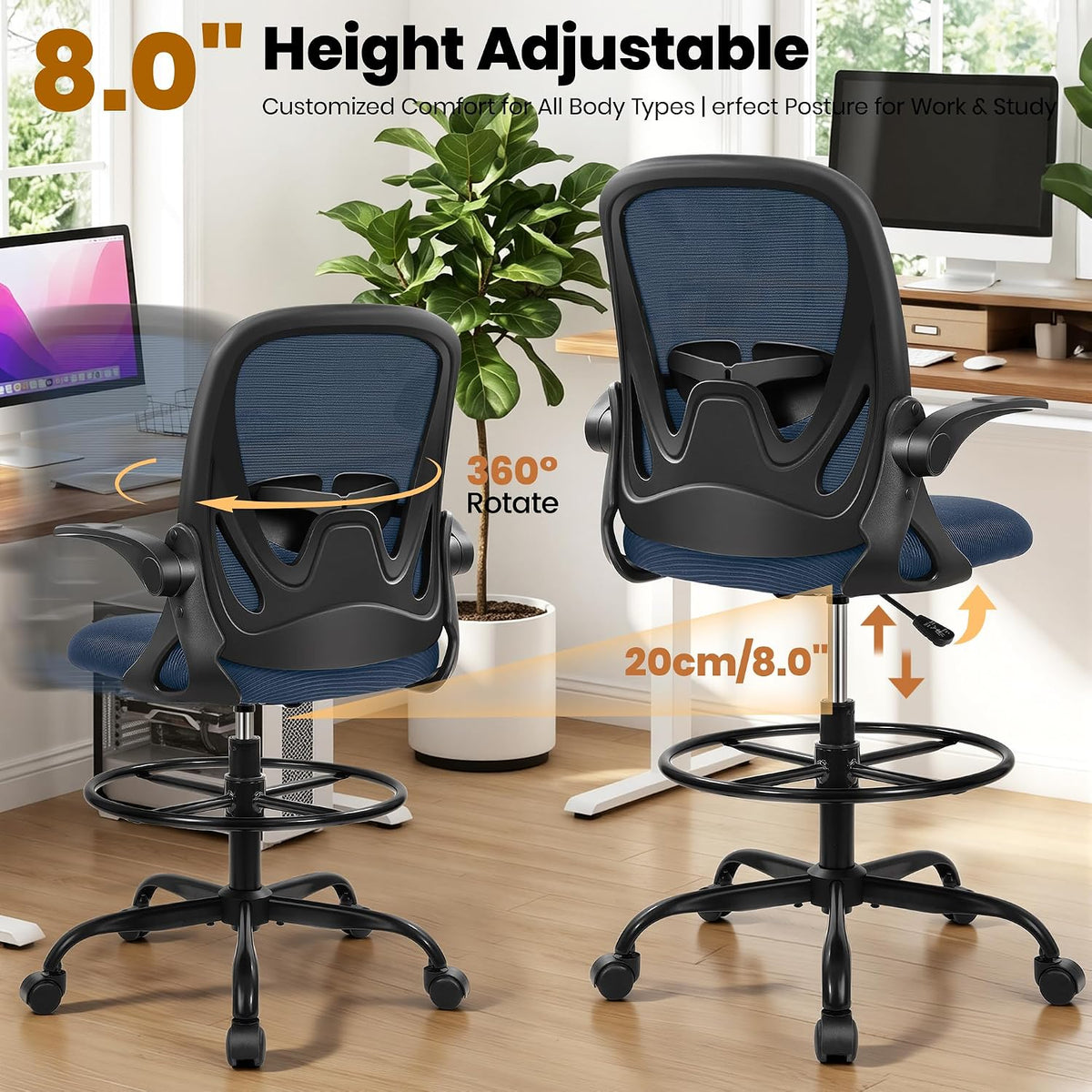 Primy Drafting Chair Tall Office Chair with Flip-up Armrests Executive Ergono...